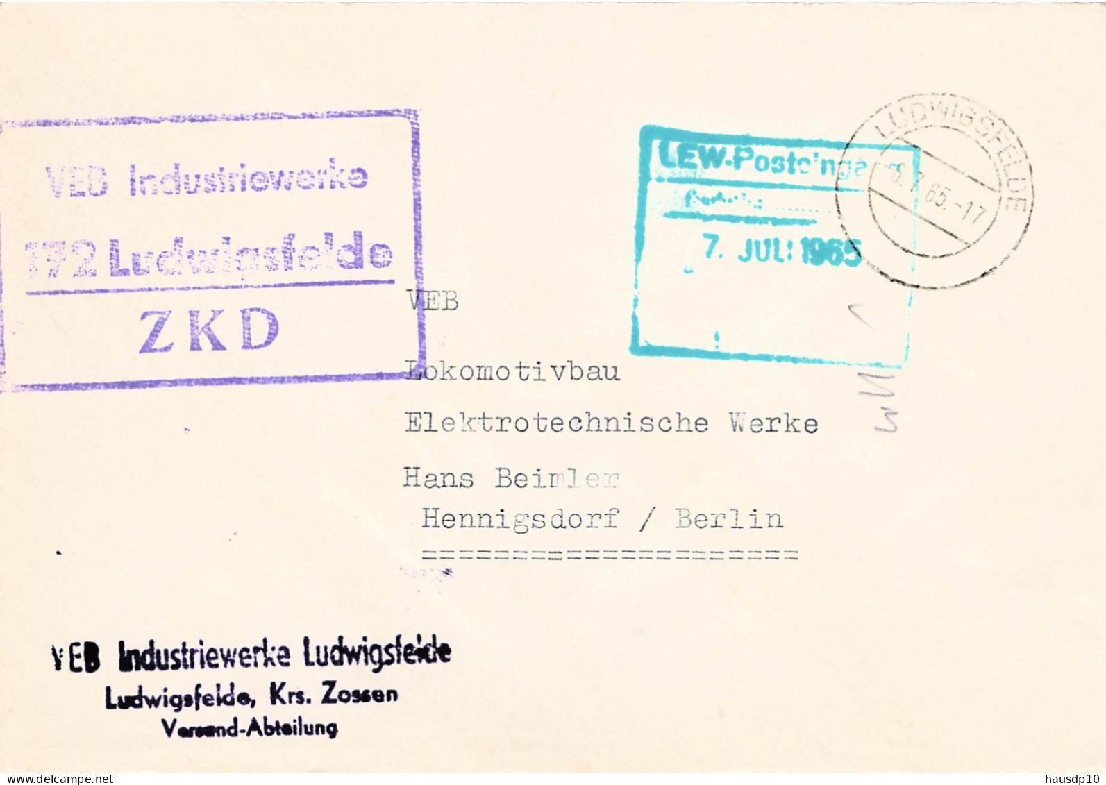 DDR Brief ZKD 1965 VEB Industriewerke Ludwigsfelde - Centrale Postdienst