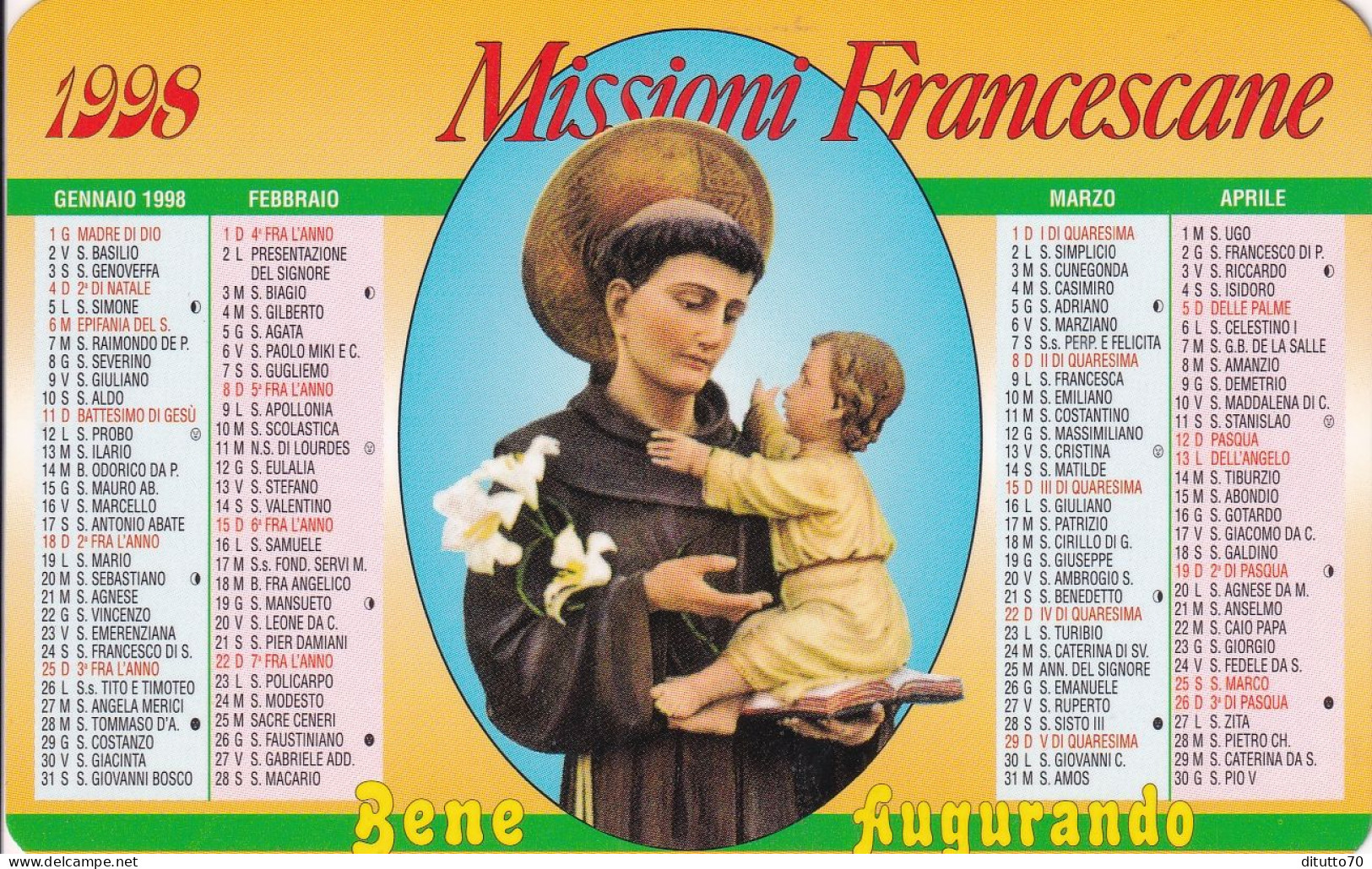 Calendarietto - Missioni Francescane - Monselice - Padova - Anno 1998 - Formato Piccolo : 1991-00