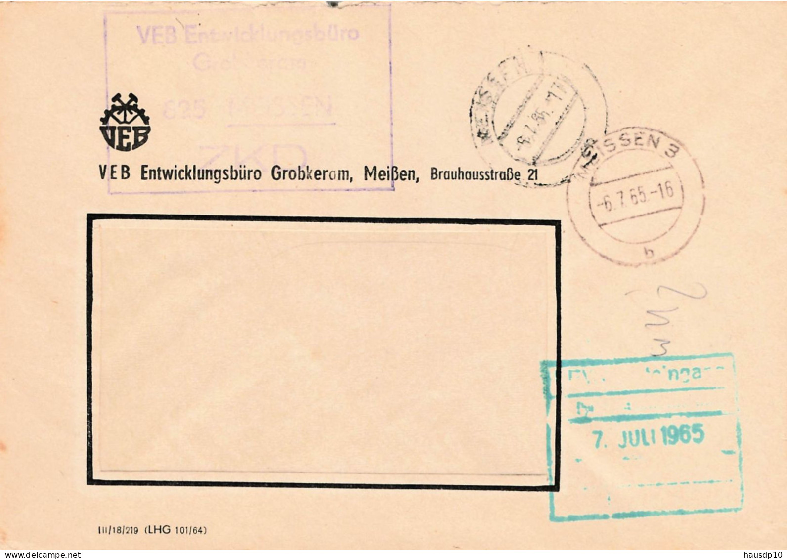 DDR Brief ZKD 1965 VEB Entwicklungsbüro Grobkeram - Centrale Postdienst