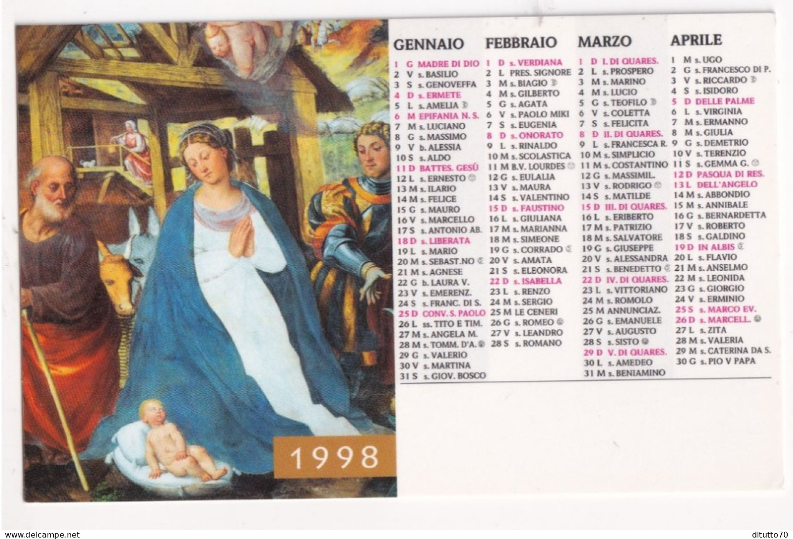 Calendarietto - Natività - Anno 1998 - Formato Piccolo : 1991-00
