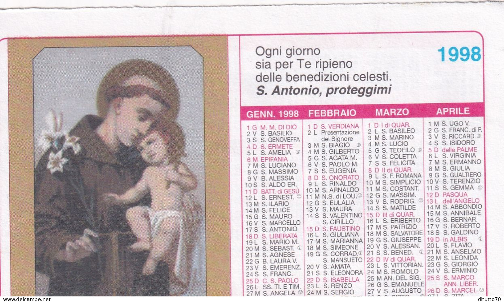 Calendarietto - Opera Francescana Della Carità Convento S.croce - San Antonio - Anno 1998 - Kleinformat : 1991-00