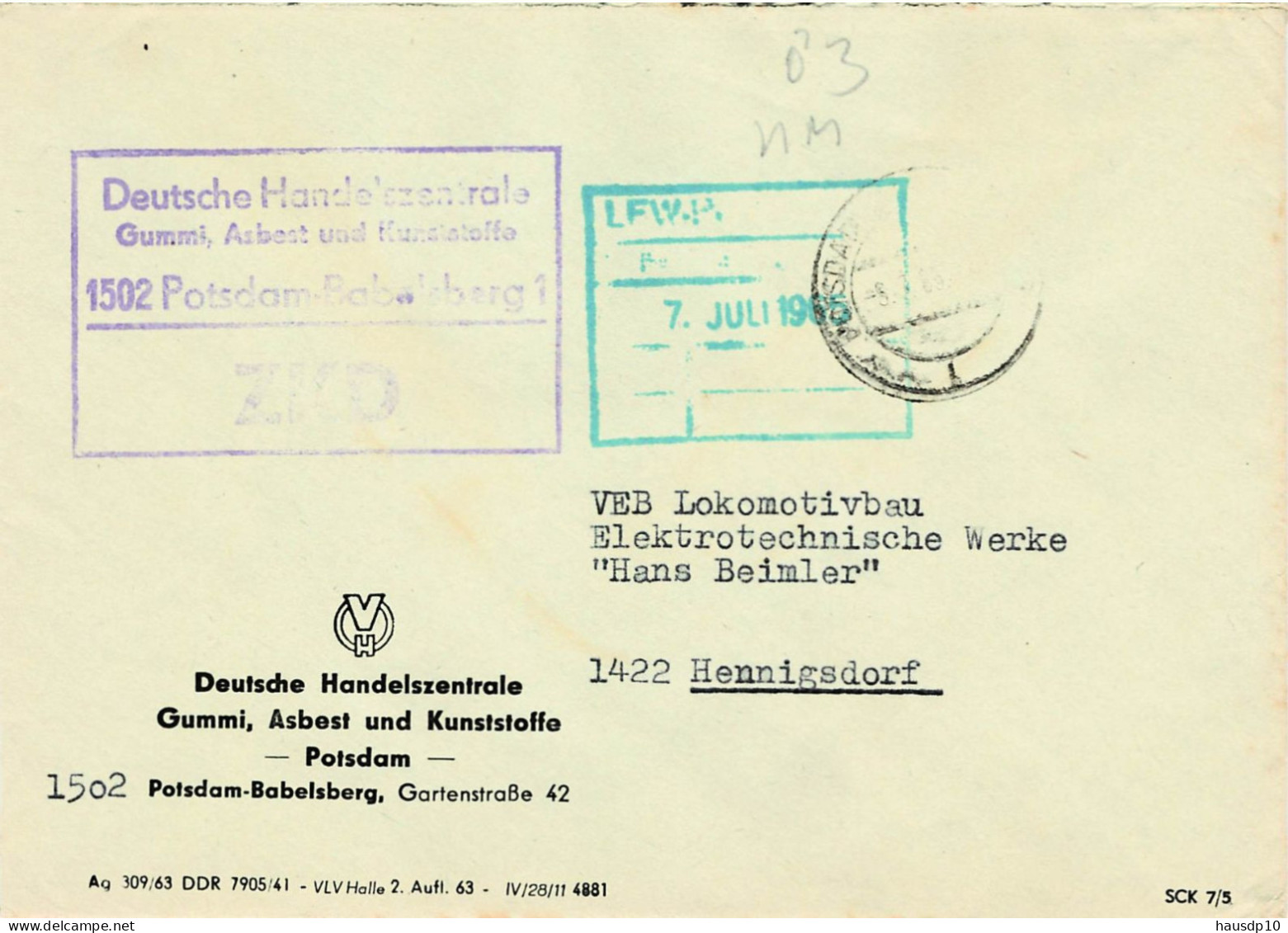 DDR Brief ZKD 1965 Deutsche Handelszentrale Gummi Asbest Potsdam Babelsberg - Centrale Postdienst