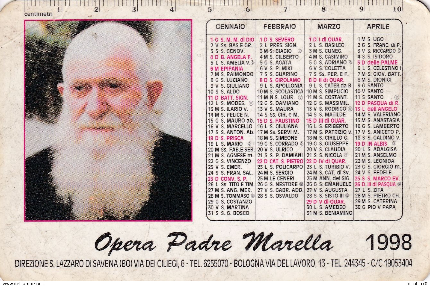 Calendarietto - Opera Padre Marella - Bologna - Anno 1998 - Kleinformat : 1991-00