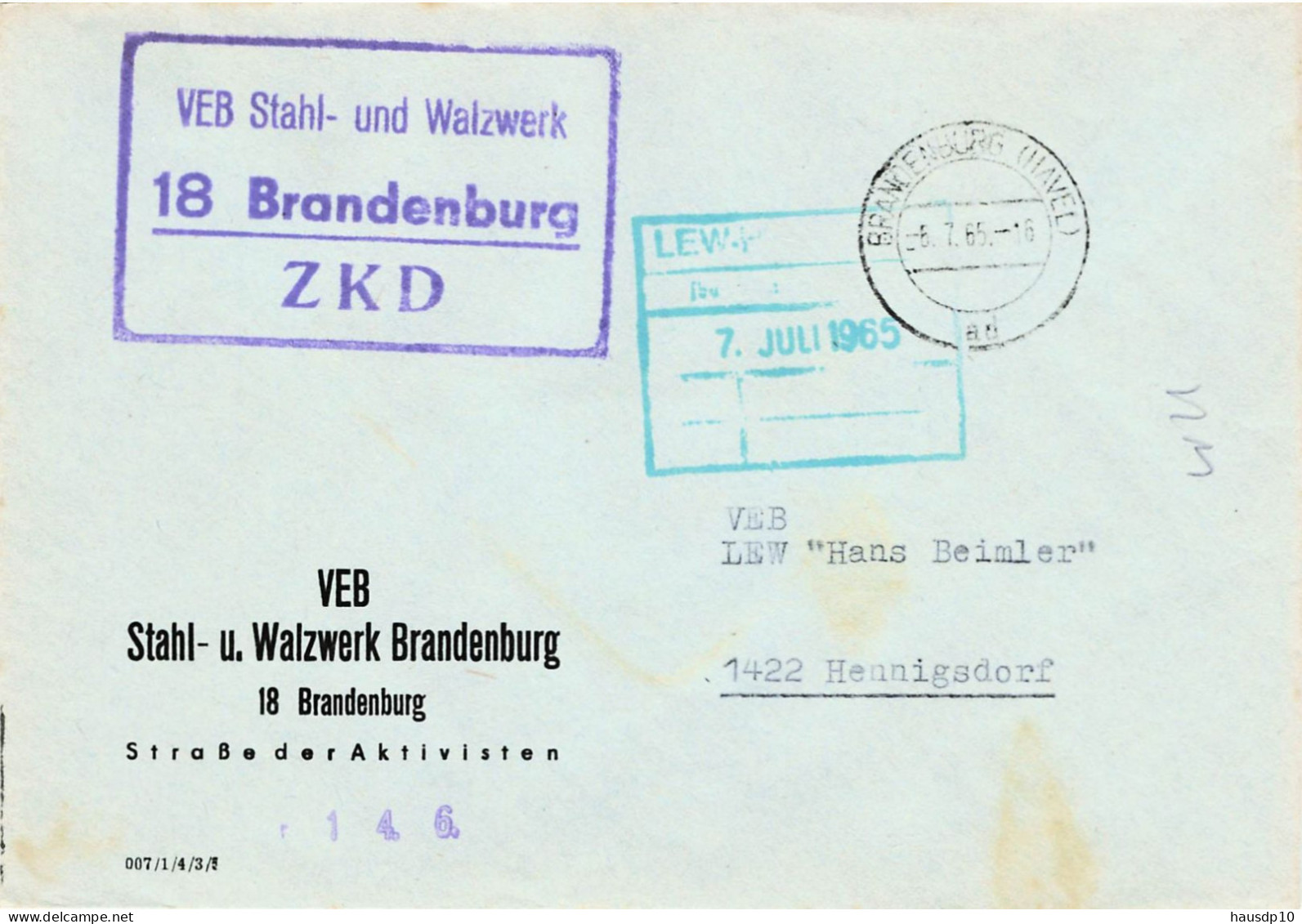 DDR Brief ZKD 1965 VEB Stahl Und Walzwerk Brandenburg - Centrale Postdienst