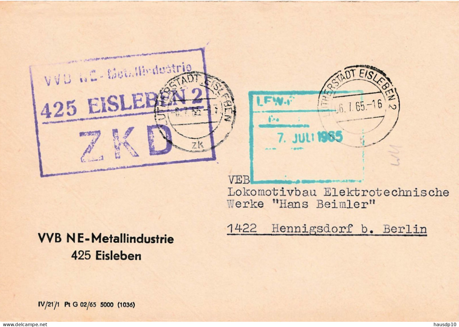 DDR Brief ZKD 1965 VVB NE Metallindustrie Eisleben - Centrale Postdienst