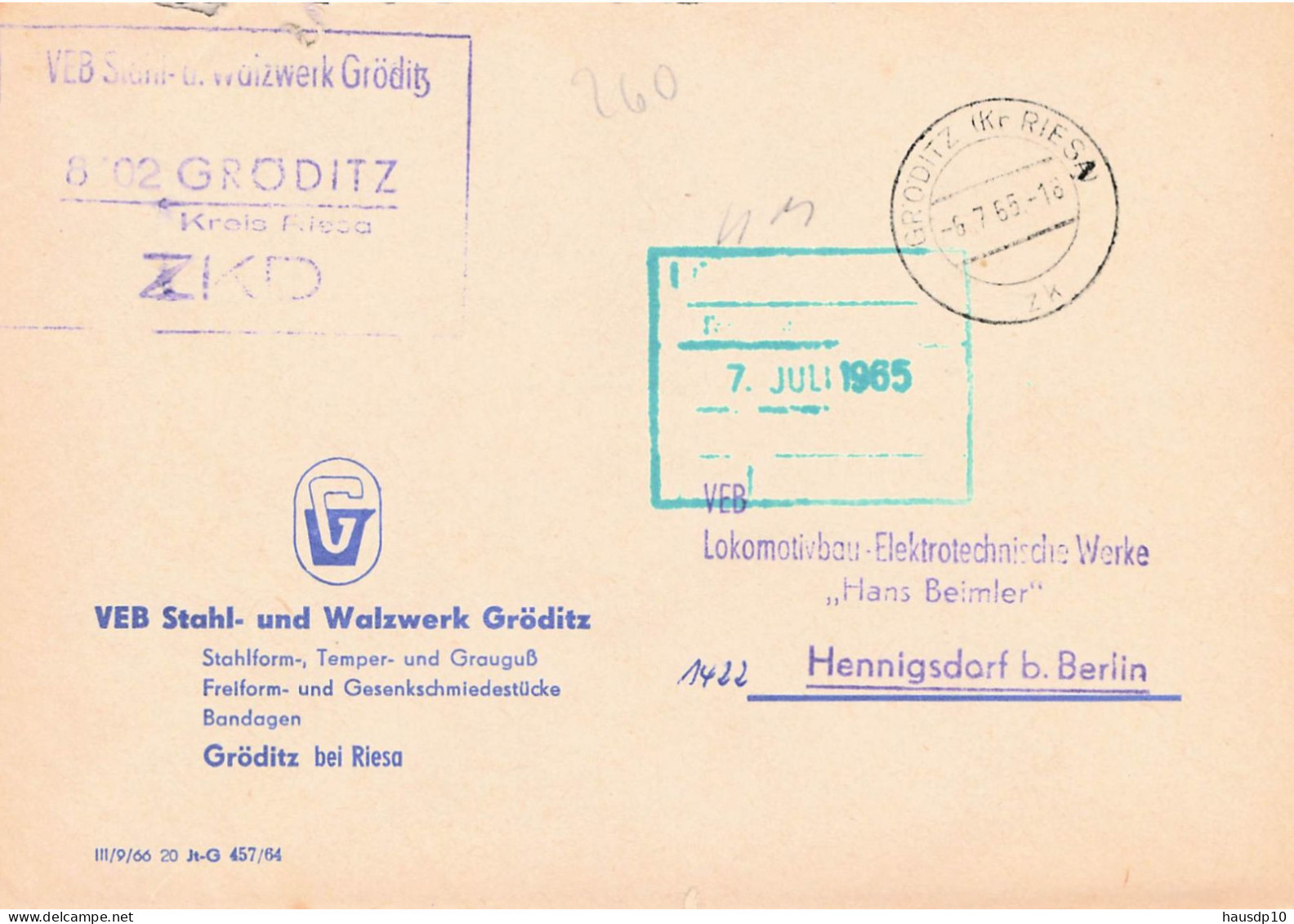 DDR Brief ZKD 1965 VEB Stahl Und Walzwerk Gröditz - Zentraler Kurierdienst