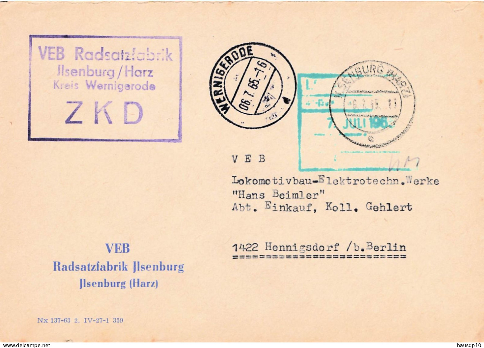 DDR Brief ZKD 1965 VEB Radsatzfabrik Ilsenburg - Zentraler Kurierdienst