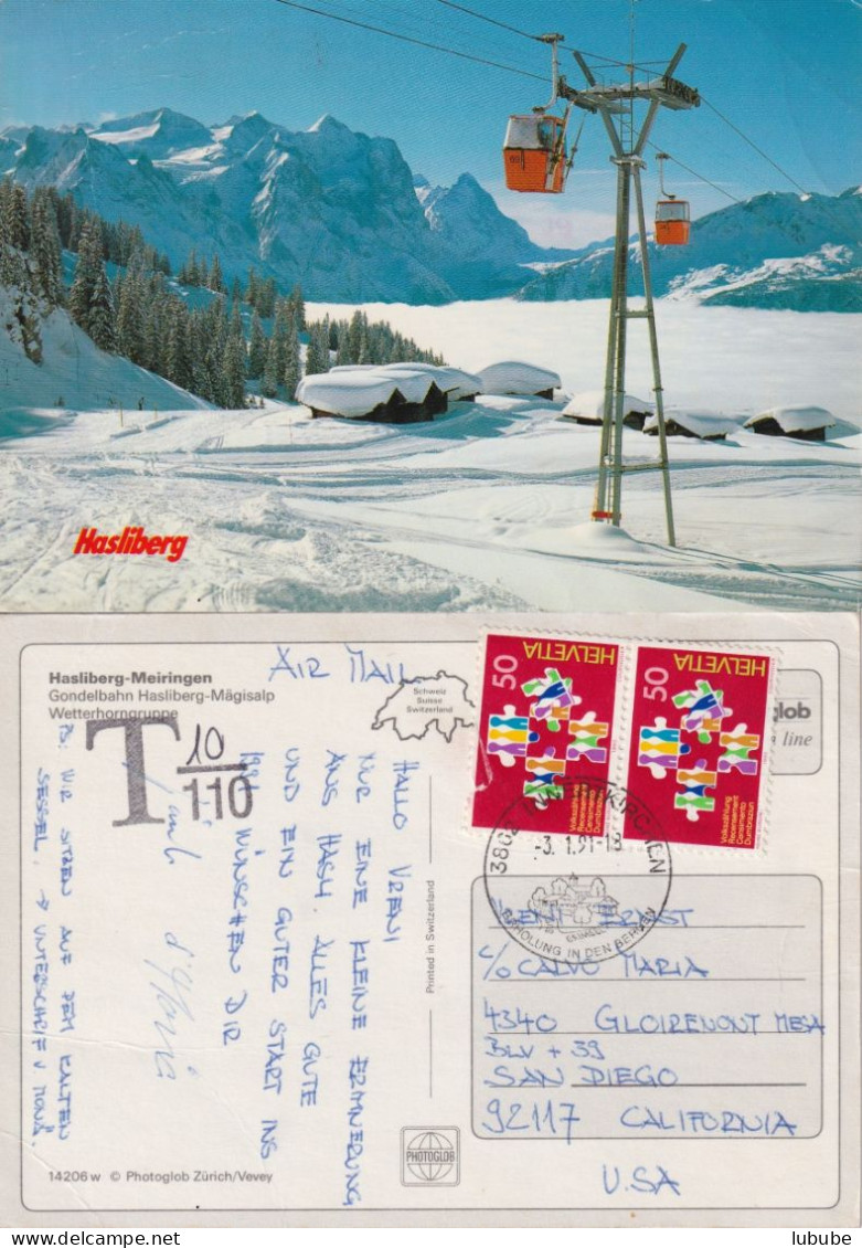 Taxierte Luftpost AK  "Hasliberg Mörlialp"  Innertkirchen - San Diego USA        1991 - Storia Postale