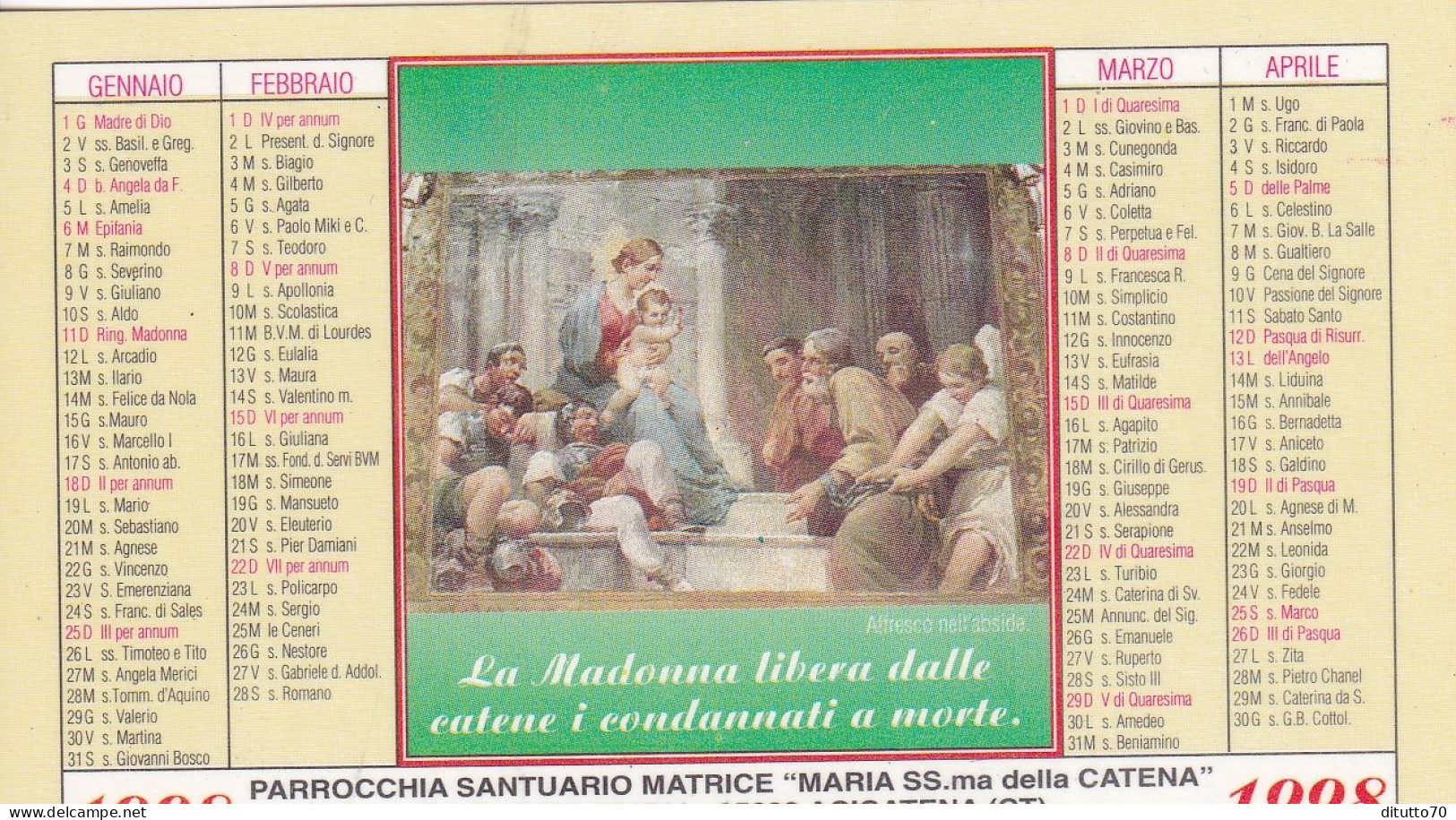 Calendarietto - Parrocchia Santuario Matrice- Maria Ss.ma Della Catena - Acicatena - Catania - Anno 1998 - Petit Format : 1991-00