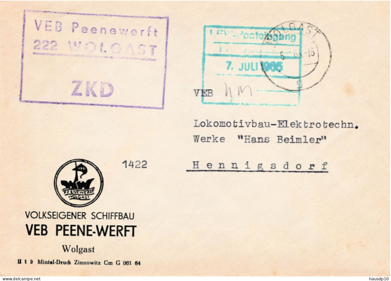 DDR Brief ZKD 1965 VEB Peenewerft Wolgast - Zentraler Kurierdienst