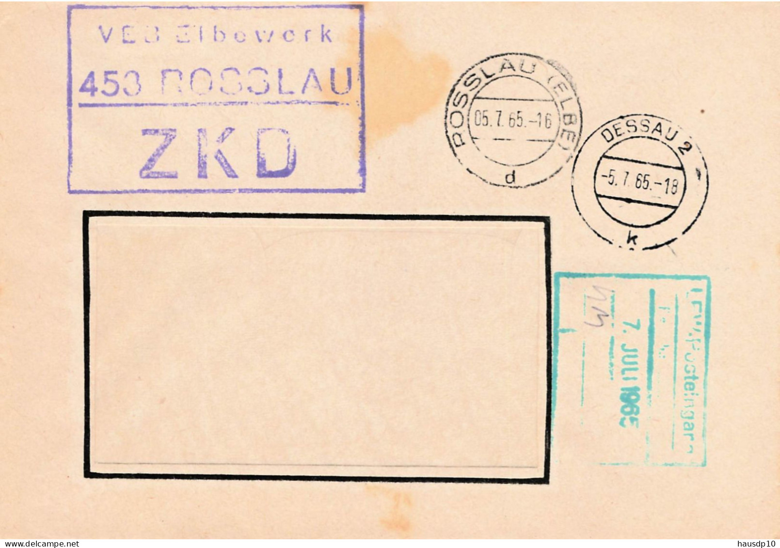 DDR Brief ZKD 1965 VEB Elbewerk Rosslau - Centrale Postdienst