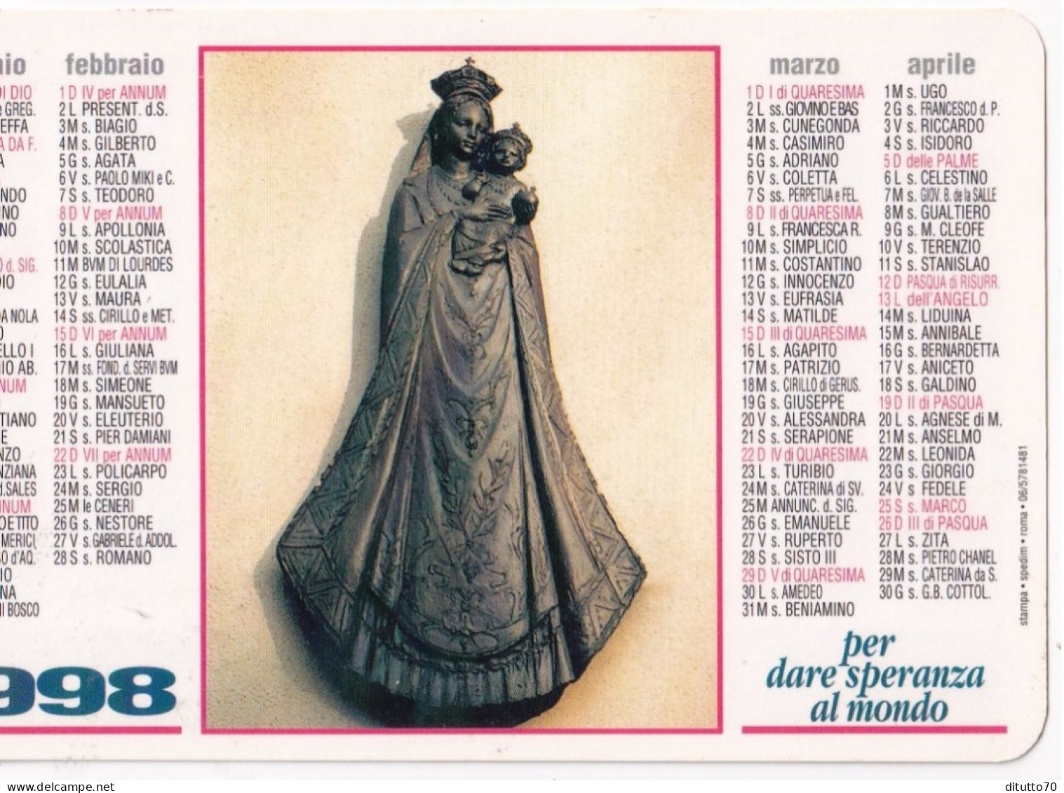 Calendarietto - Pontificia Opera Missionarie - Roma - Anno 1998 - Petit Format : 1991-00