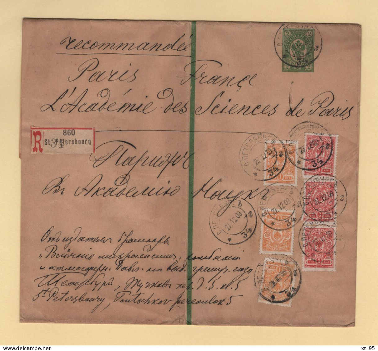 Russie - St Petersbourg - 1909 - Recommande Destination Paris Academie Des Sciences - Entier Postal - Covers & Documents