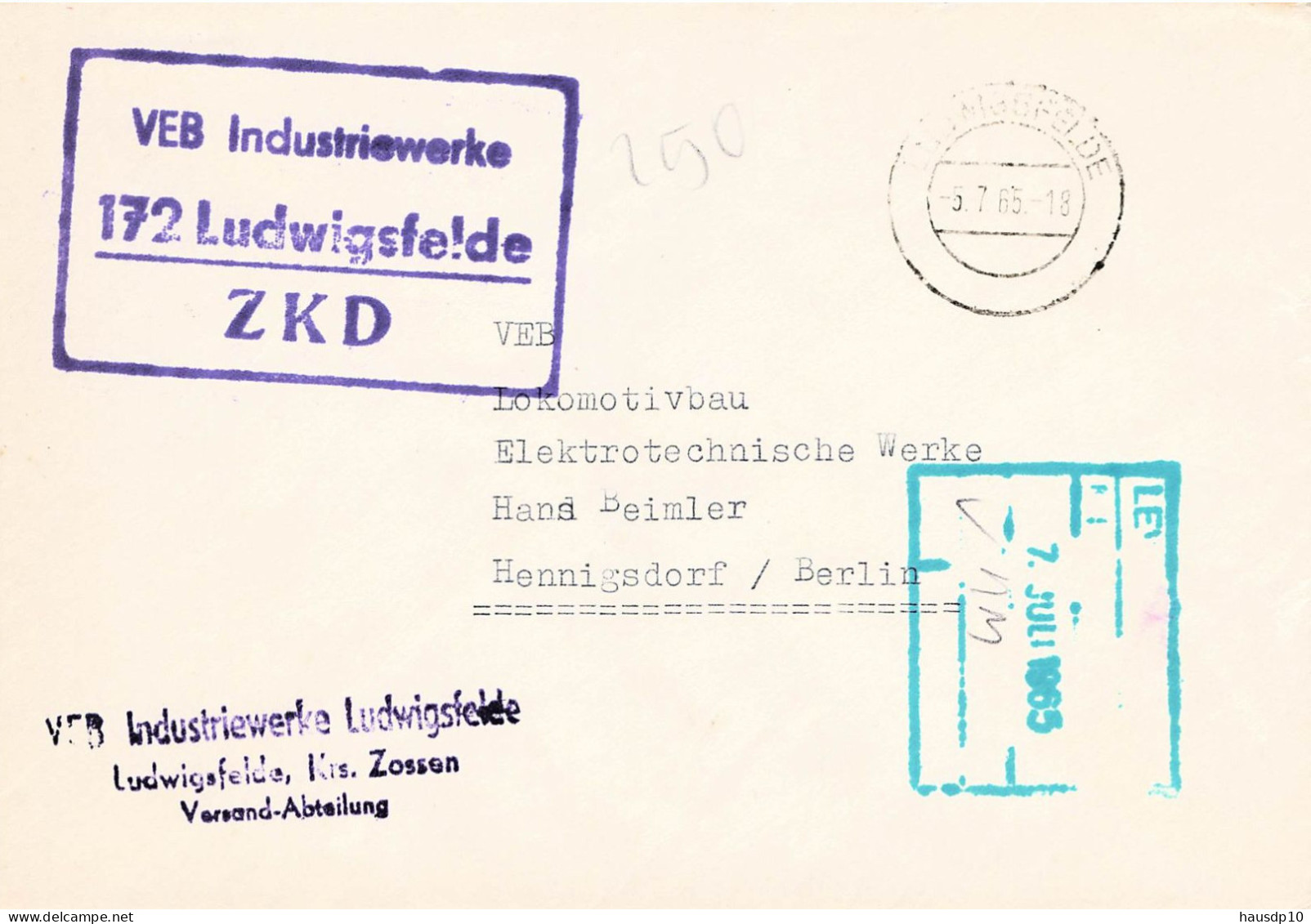 DDR Brief ZKD 1965 VEB Industriewerke Ludwigsfelde - Centrale Postdienst