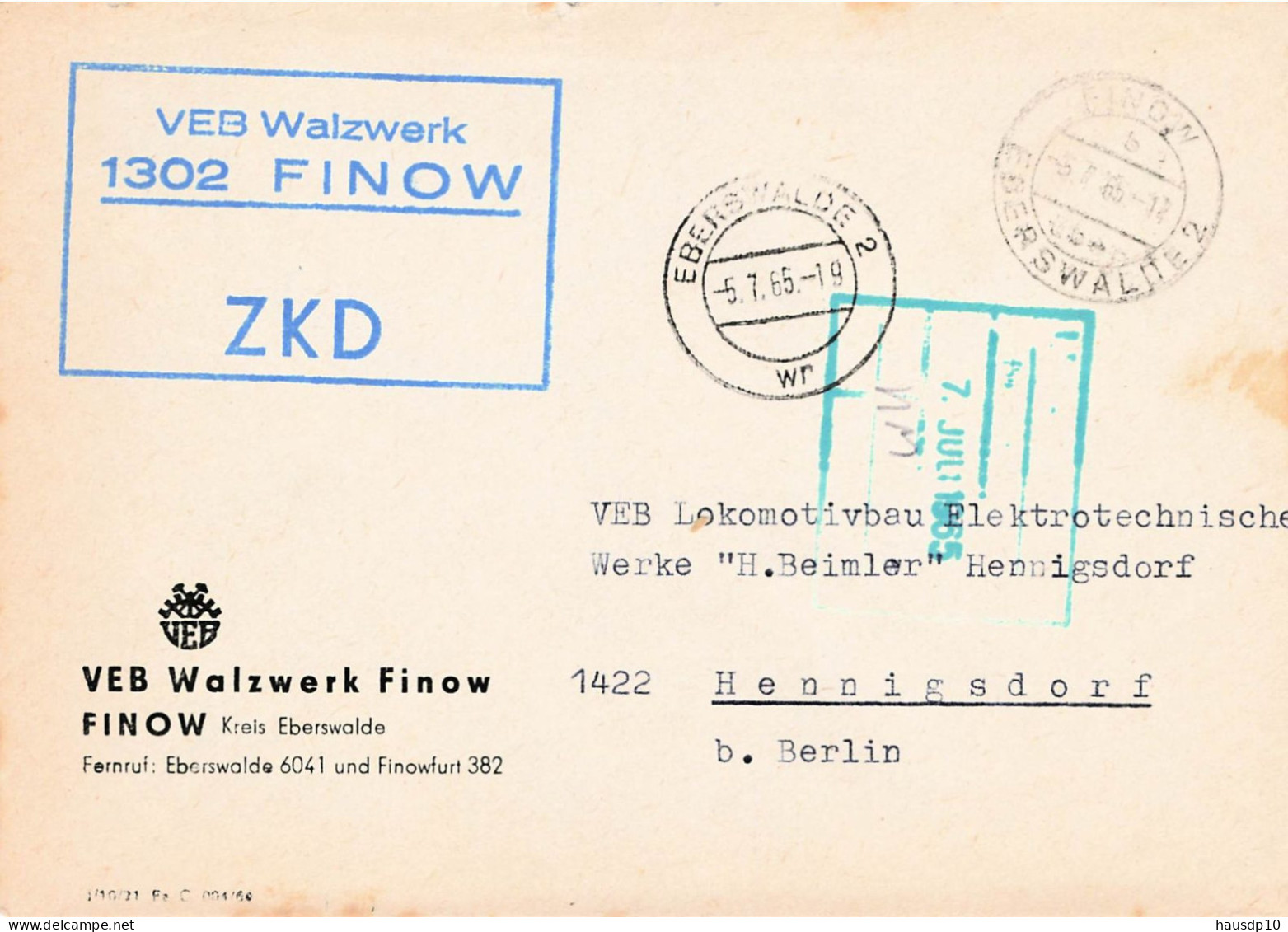 DDR Brief ZKD 1965 VEB Walzwerk Finow - Zentraler Kurierdienst