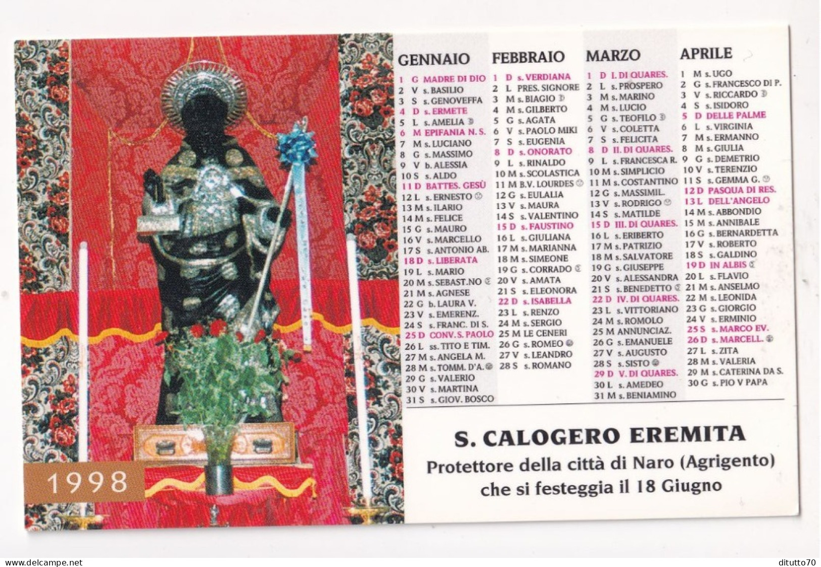 Calendarietto - Santuario - Istituto San Calogero - Naro - Agrigento - Anno 1998 - Petit Format : 1991-00