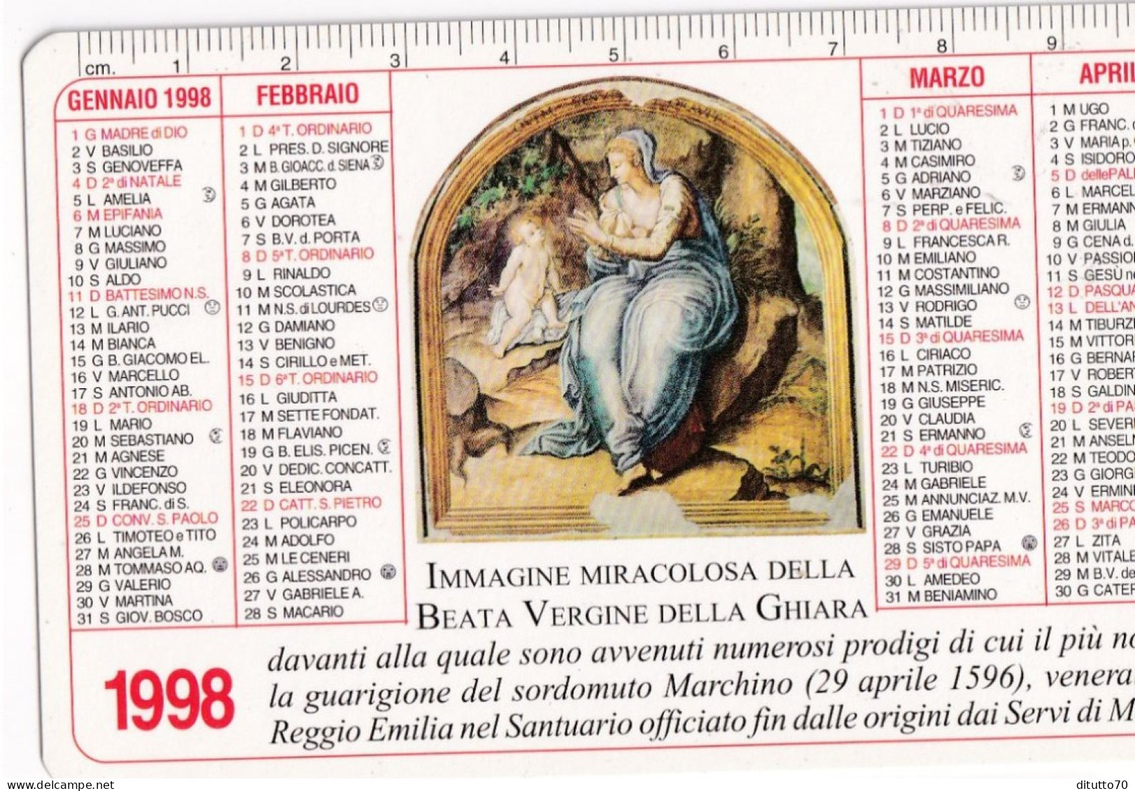 Calendarietto - Santuario Della Beata Vergine Della Ghiara - Reggio Emilia - Anno 1998 - Klein Formaat: 1991-00