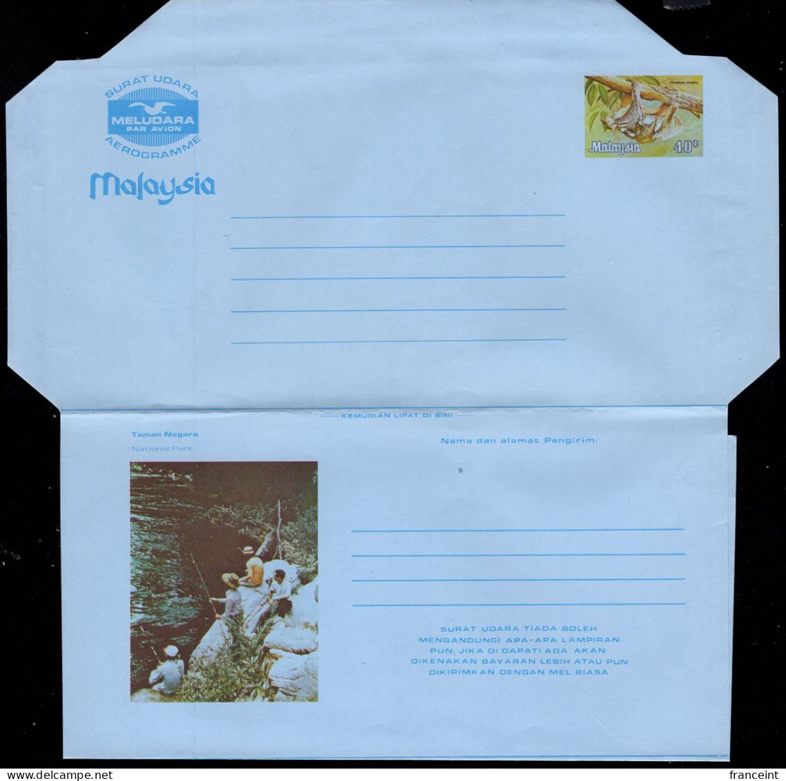 MALAYSIA(1979) Sunda Flying Lemur (Cynocephalus Variegatus). Set Of 3 40c Illustrated Aerogrammes. - Malaysia (1964-...)