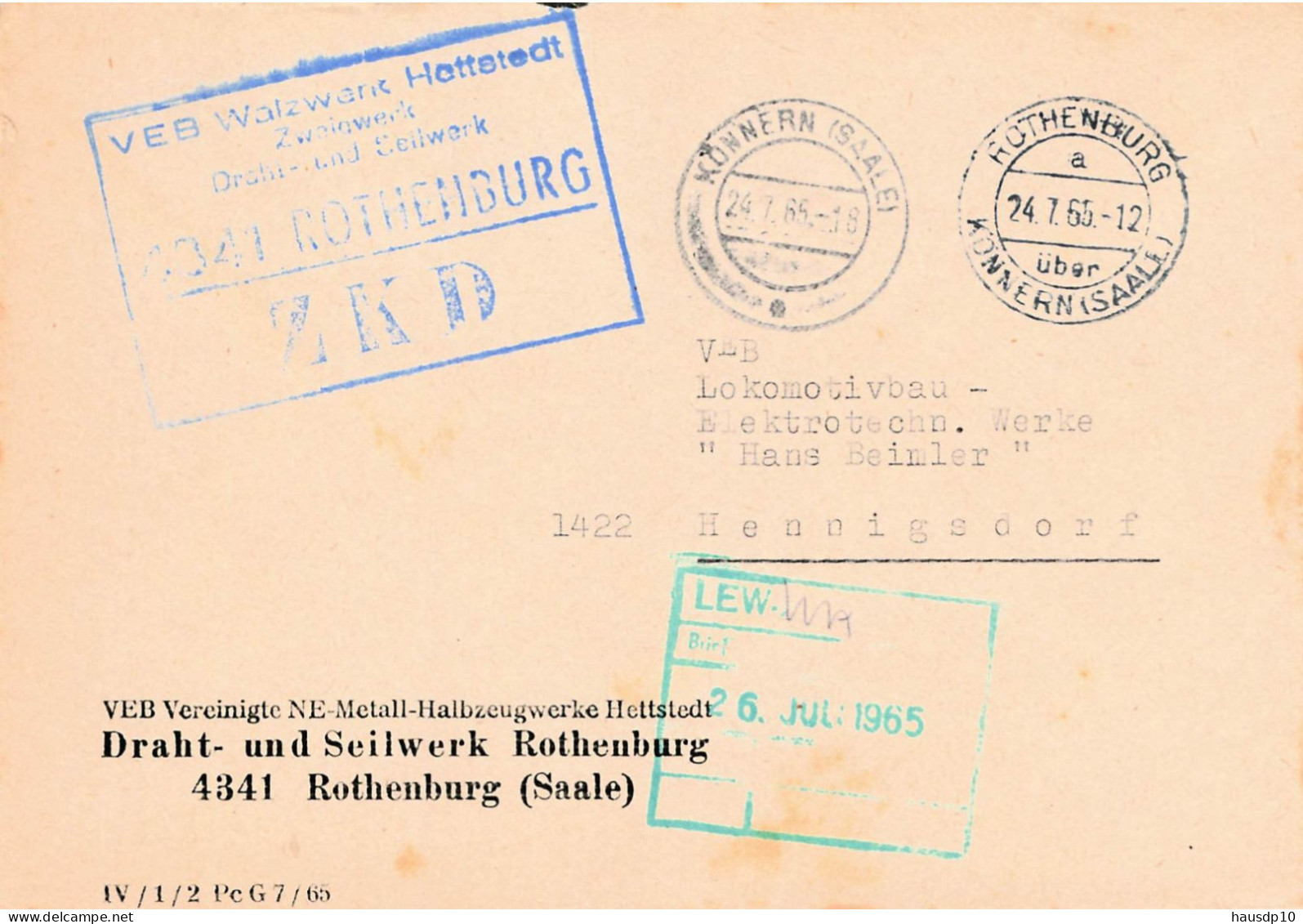 DDR Brief ZKD 1965 VEB Draht Und Seilwerk Rothenburg - Central Mail Service