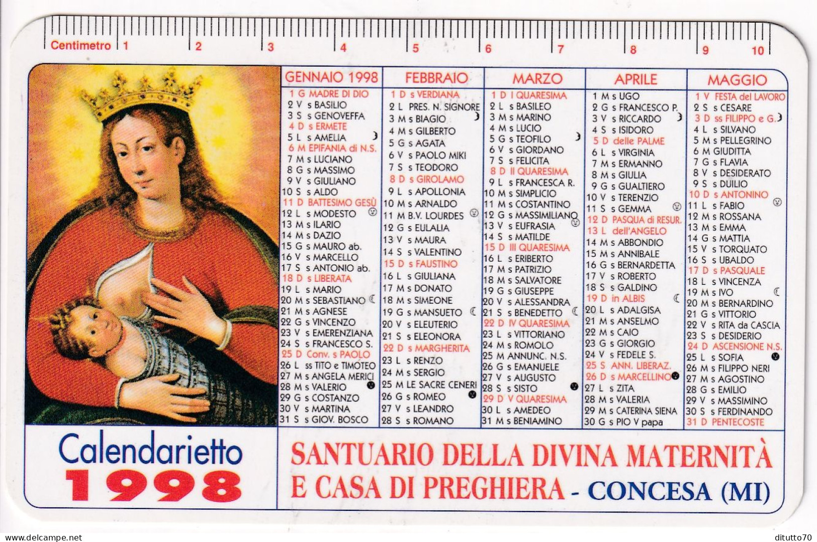 Calendarietto - Santuario Della Divina Maternità E Casa Di Preghiera - Concesa - Milano - Anno 1998 - Small : 1991-00