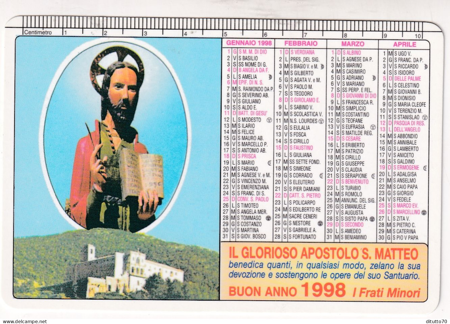 Calendarietto - Santuario Di S.matteo Apostolo Dei Frati Minori - S.marco In Lamis - Foggia - Anno 1998 - Tamaño Pequeño : 1991-00