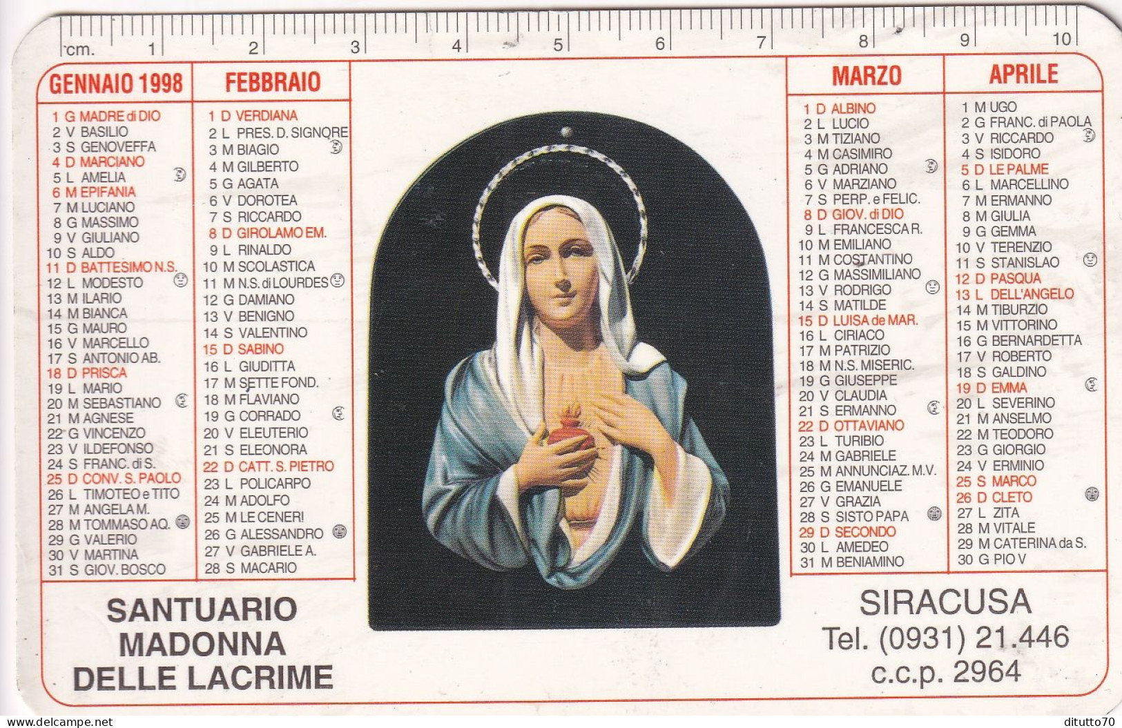 Calendarietto - Santuario Madonna Delle Lacrime - Siracusa - Anno 1998 - Tamaño Pequeño : 1991-00