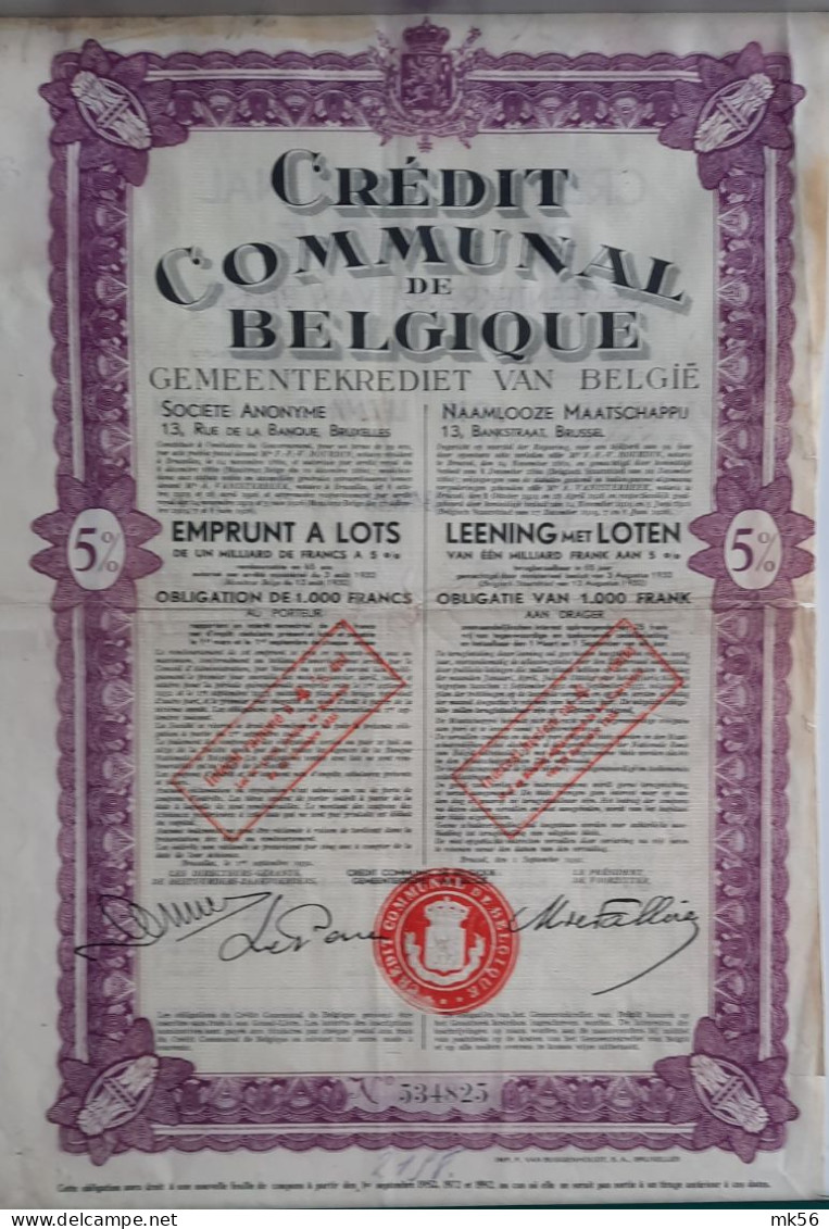 Crédit Communal De Belgique - Emprunt à Lots - 5% - 1932 - Bank & Insurance