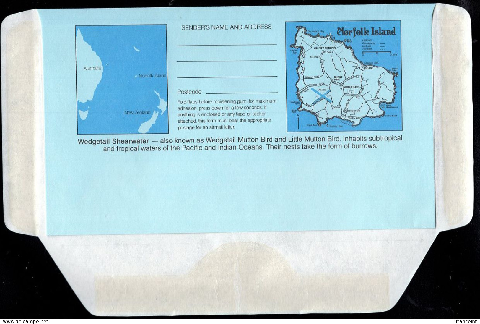 NORFOLK ISLAND(1994) Wedgetail Shearwater. Map Of Island. 45c Illustrated Aerogramme. - Ile Norfolk