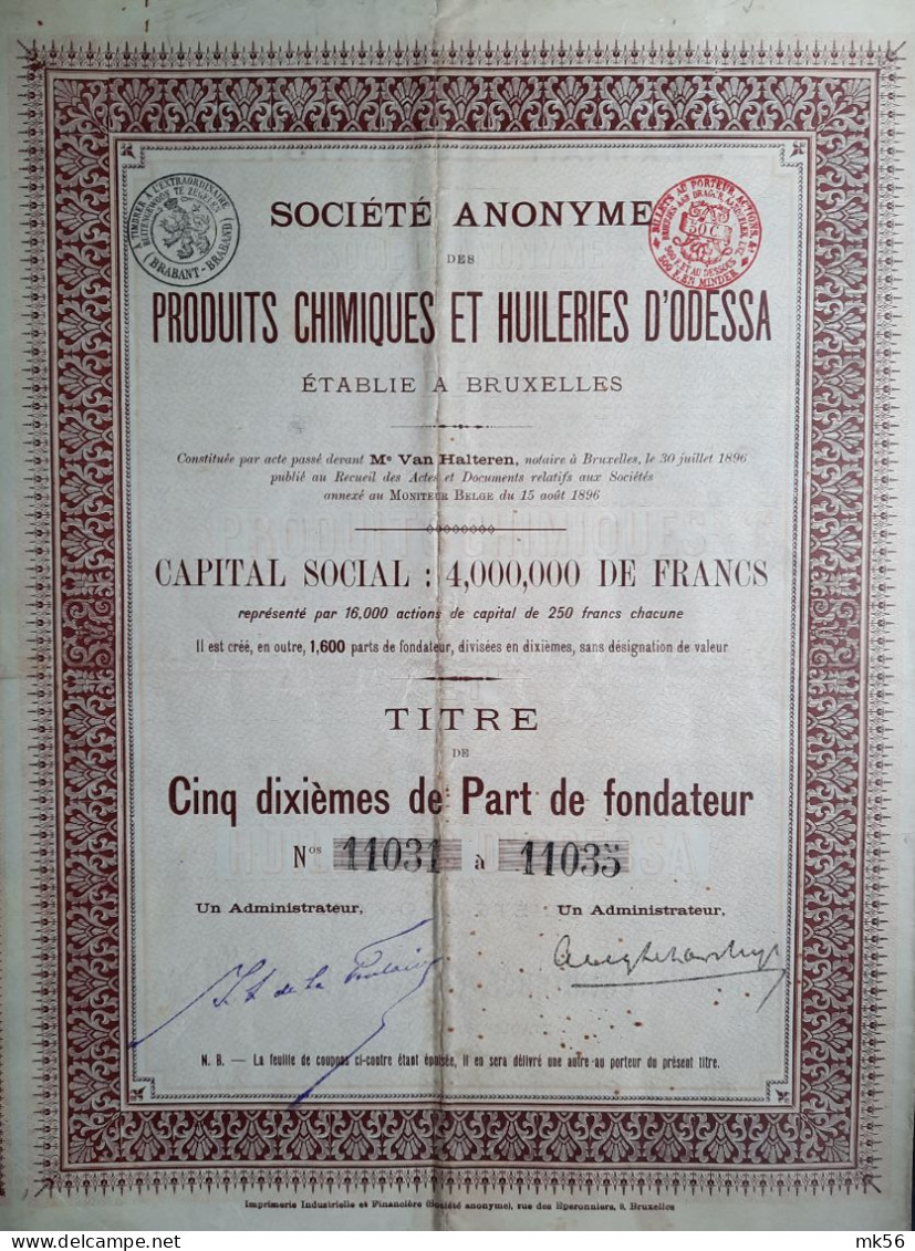 S.A. Produits Chimiques Et Huileries D'Odessa-5/10 P.de Fondateur (1896) - Industrie