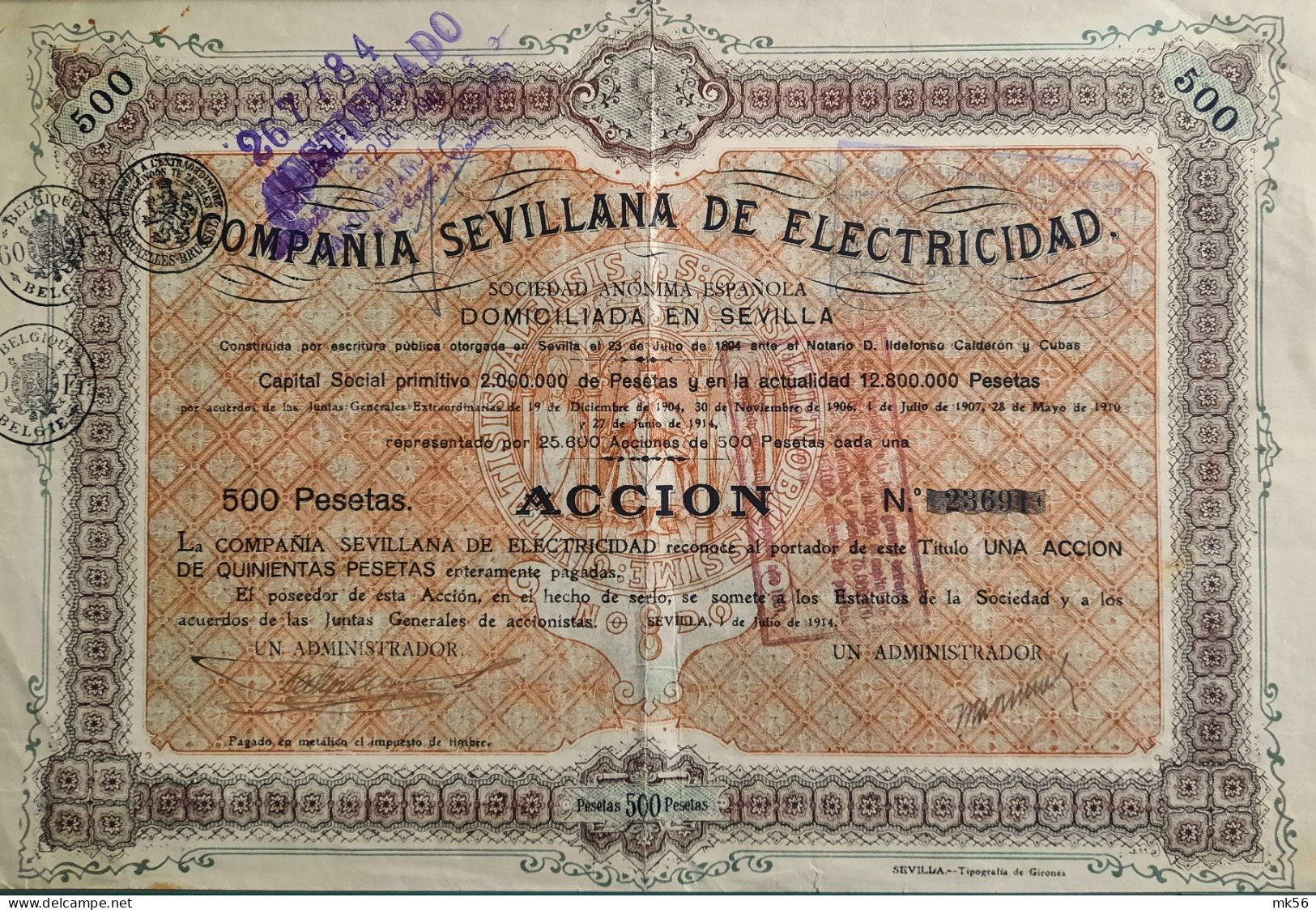 Compania Sevillana De Electricidad - 1914 - Accion - 500 Pesetas - Sevilla - Electricidad & Gas