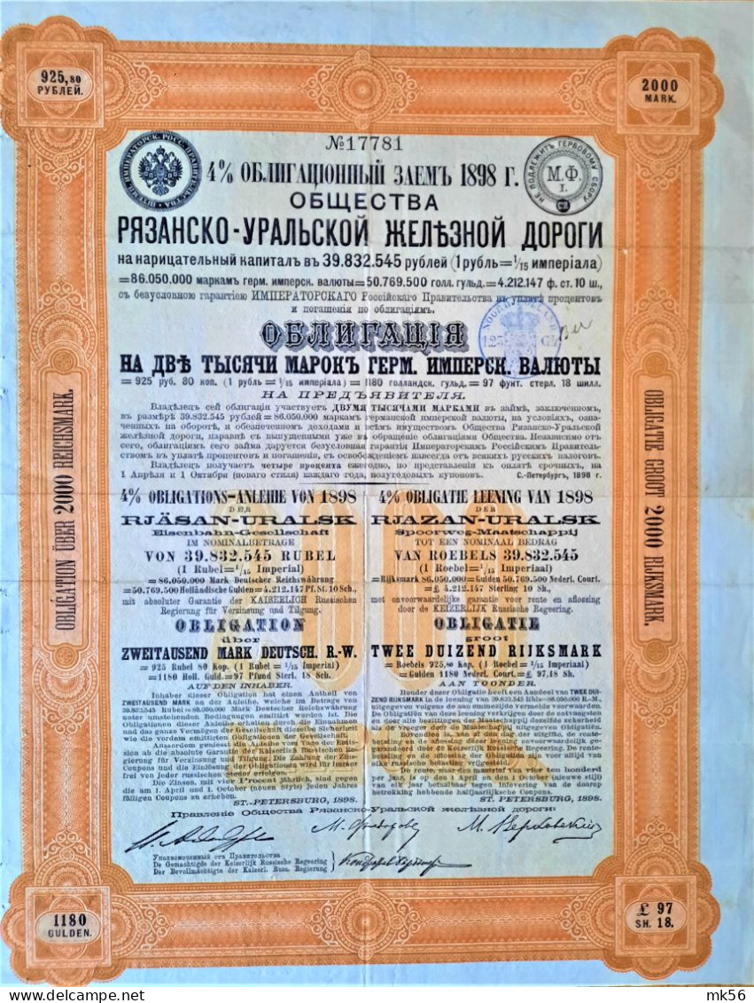 Rjasan-Uralsk Eisenbah-Gesellschaft (1898) - 4% Obligations - 2000 Mark - Russie