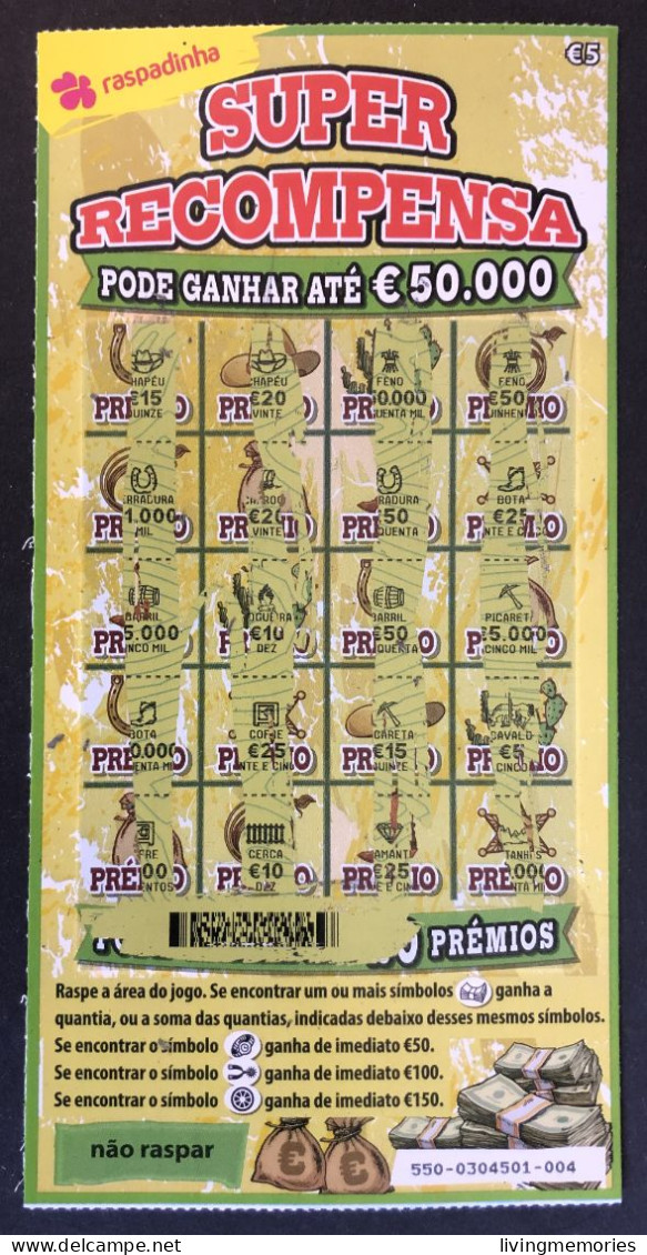 116 V, Lottery Tickets, Portugal, « Raspadinha », « SUPER RECOMPENSA Pode Ganhar Até €50.000 », Nº 550 - Billetes De Lotería