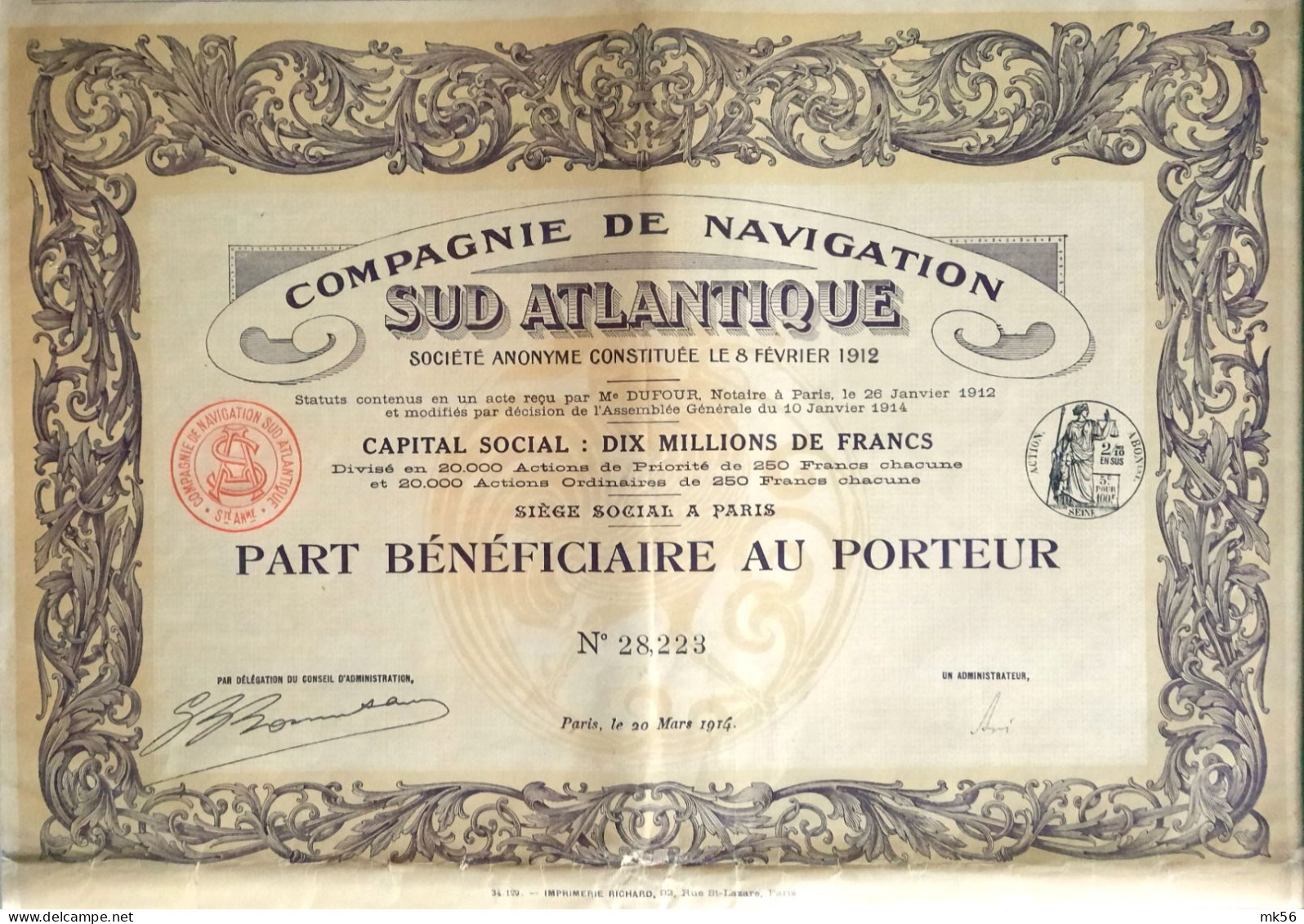Compagnie De Navigation Sud-Atlantique - Paris - 1912 - Part Bénéficiaire Au Porteur - Scheepsverkeer