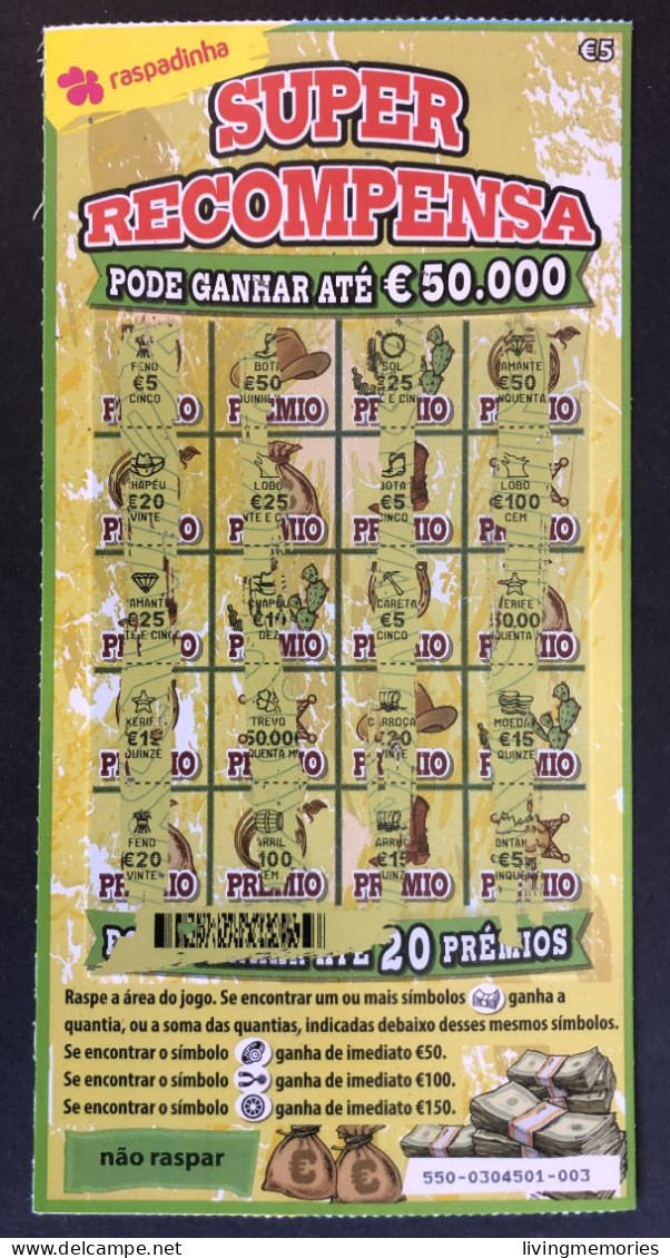 116 V, Lottery Tickets, Portugal, « Raspadinha », « SUPER RECOMPENSA Pode Ganhar Até €50.000 », Nº 550 - Billets De Loterie