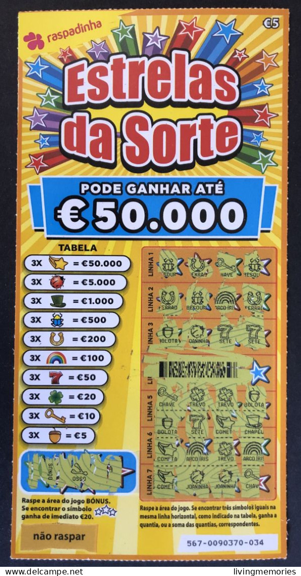 116 V, Lottery Tickets, Portugal, « Raspadinha », « ESTRELAS DA SORTE, Pode Ganhar € 50.000 », Nº 567 - Billets De Loterie