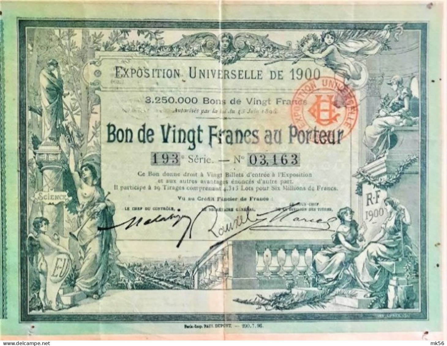 Exposition Universelle De 1900 - Bon De 20 Francs Au Porteur - Landwirtschaft