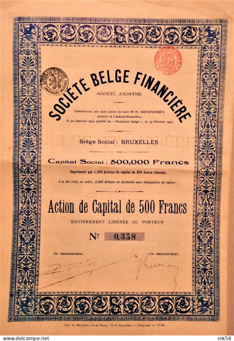 S.A. Société Belge Financière  - Action De Capital De 500 Francs - Banca & Assicurazione