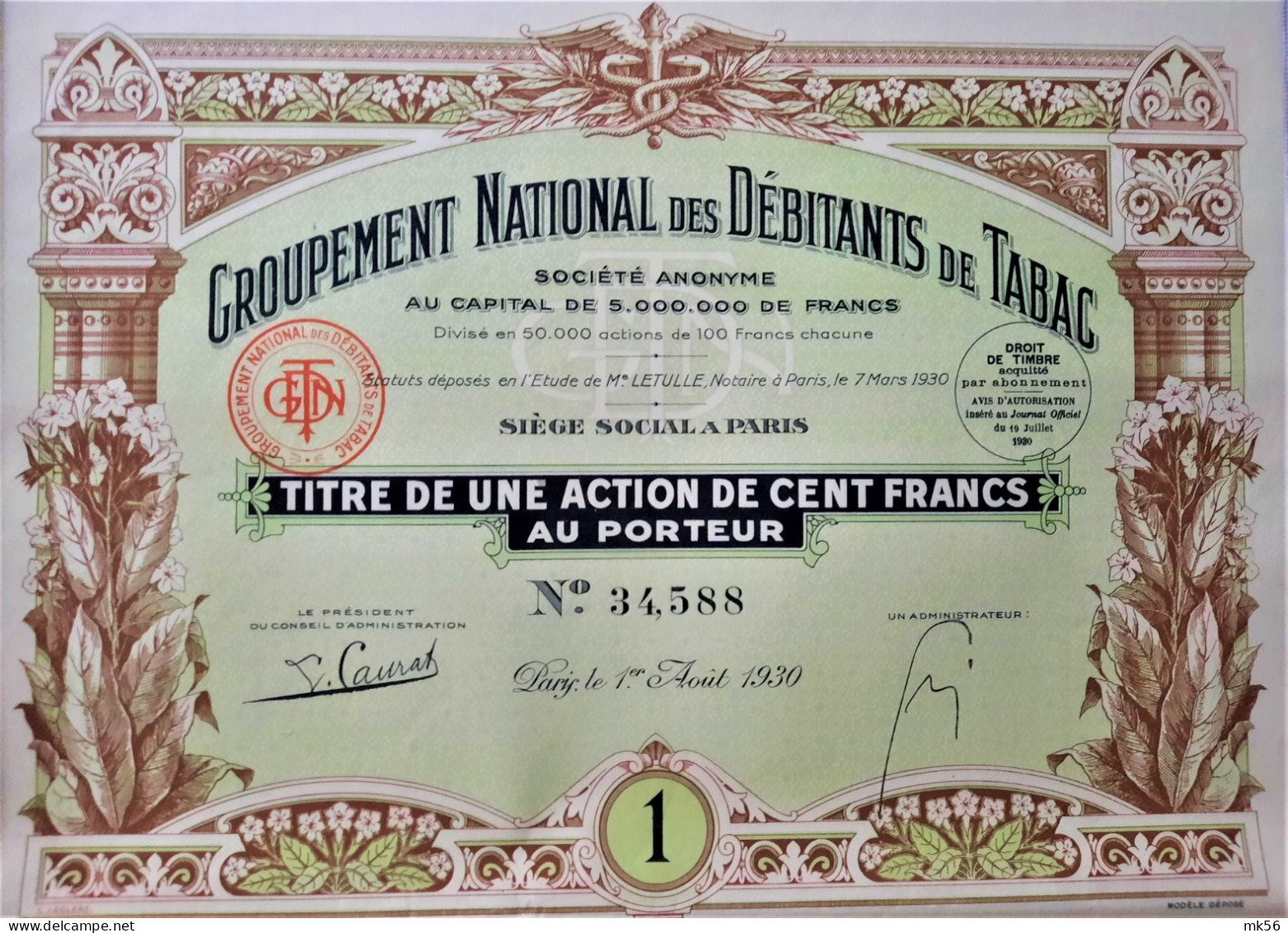 Groupement National Des Débitants De Tabac - 1930 - Paris -action De 100 Francs - Deco ! - Landbouw