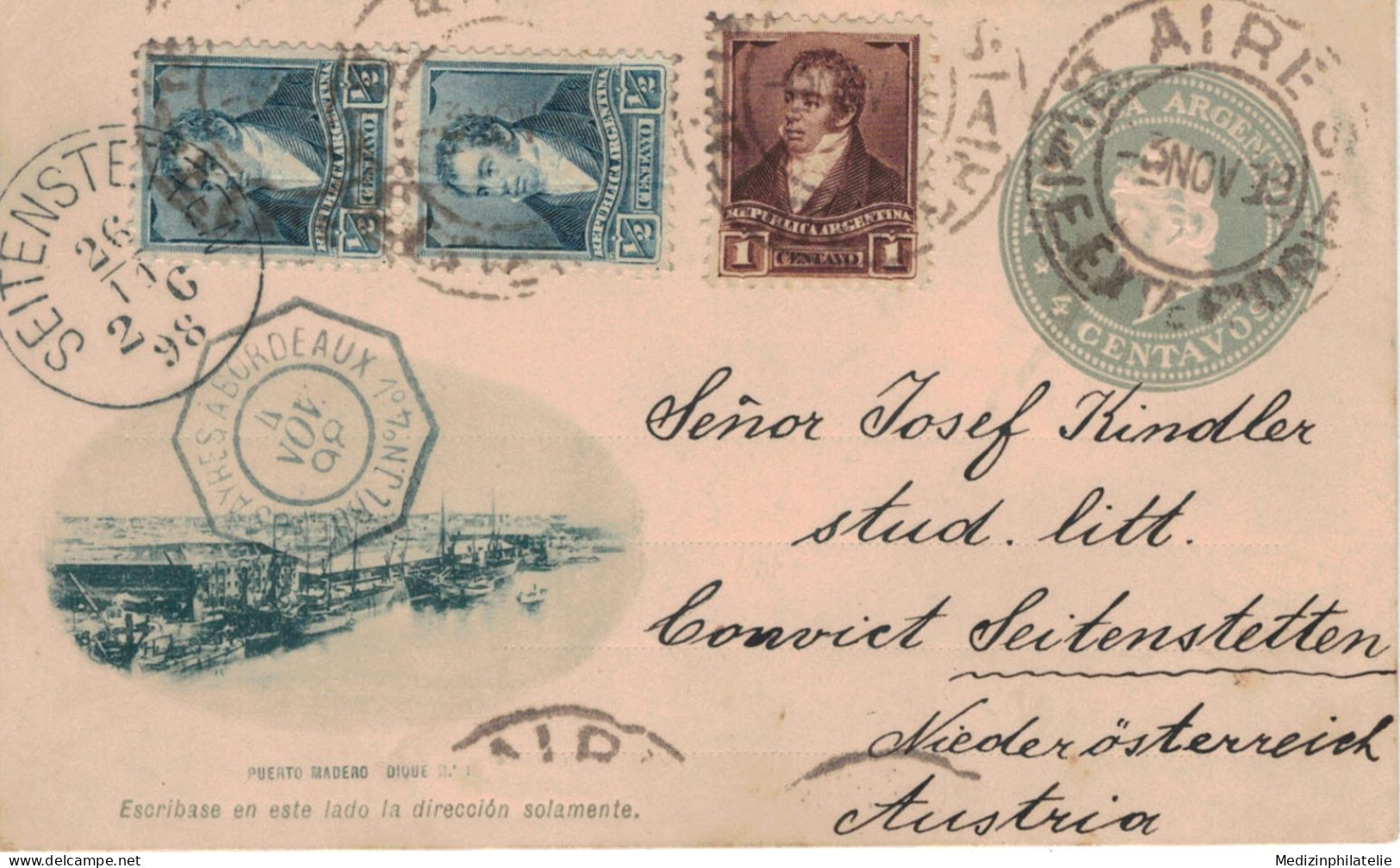 Buenos Aires 1898 Ganzsache Zufrankierung Bernardino Rivadavia > Seitenstetten Via Bordeaux - Puerto Madero - Postal Stationery