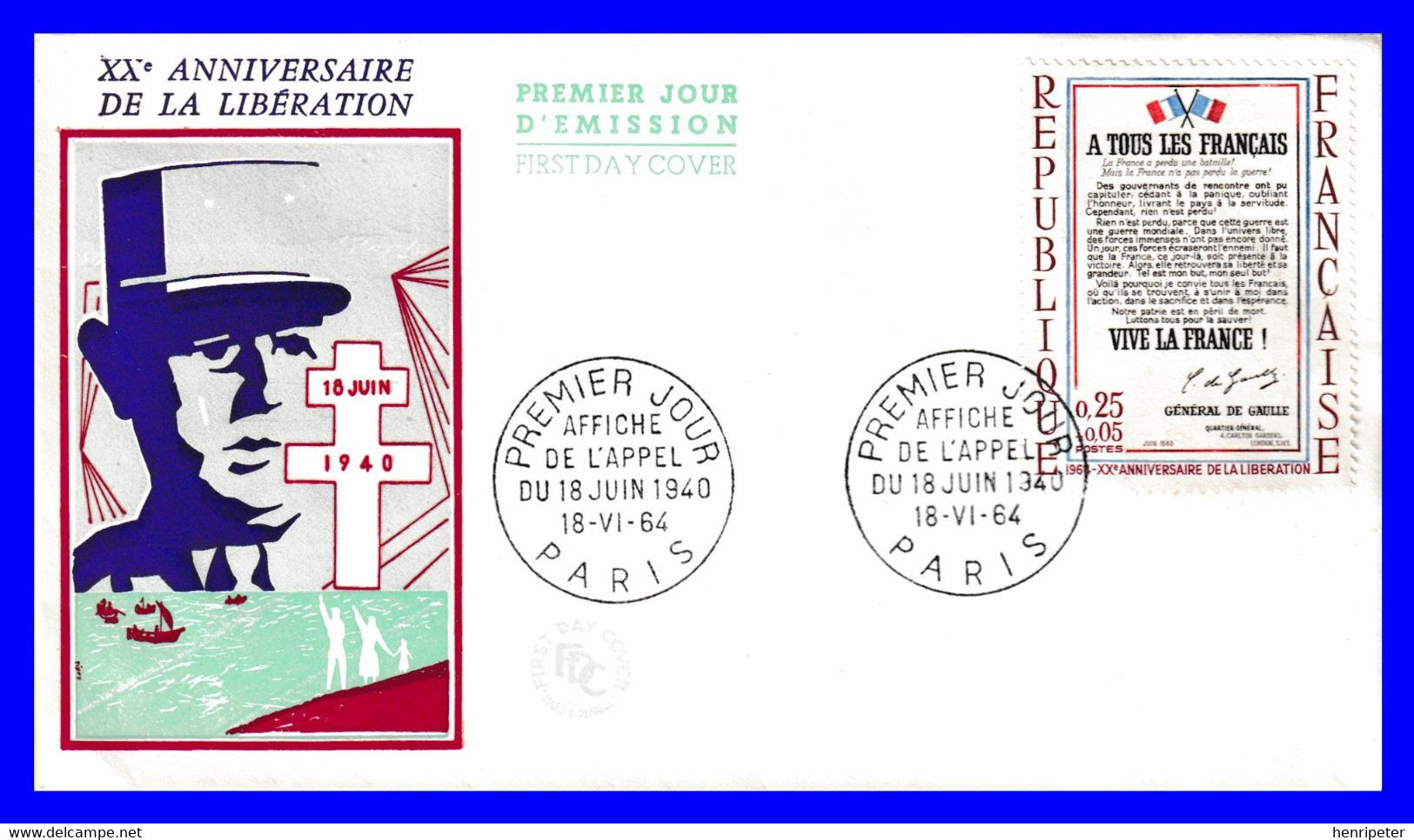 1408 (Yvert) Sur FDC Illustrée - Vingtième Anniversaire De La Libération L'affiche : À Tous Les Français - France 1964 - 1960-1969