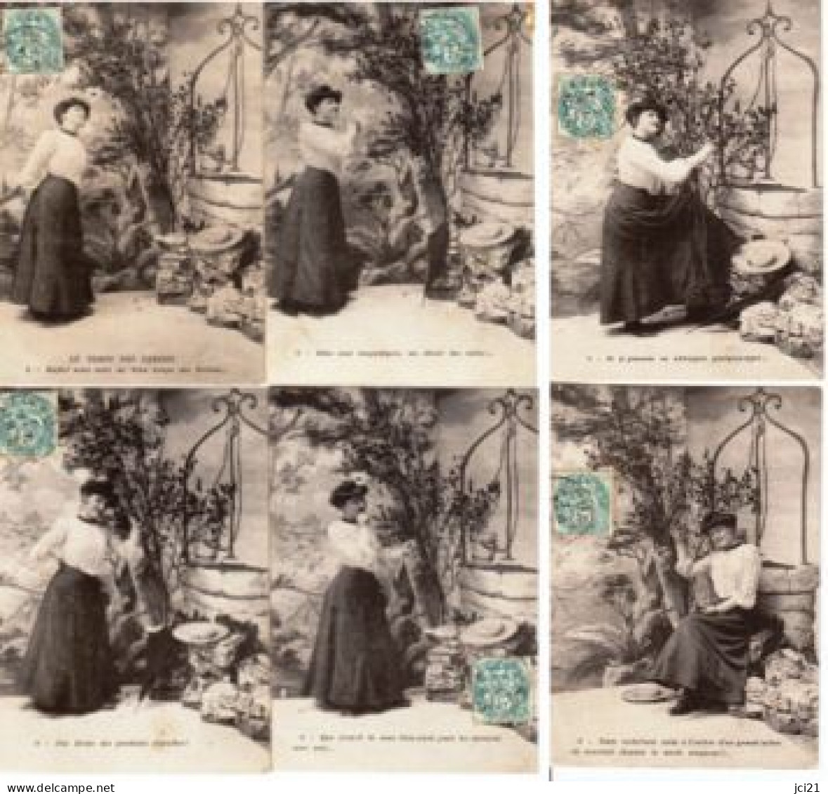 LOT DE 6 CP 1 À 6/6 " LE TEMPS DES CERISES " PUIT FEMME CHAPEAU PARAPLUIE (2181)_CP576 - 5 - 99 Postcards