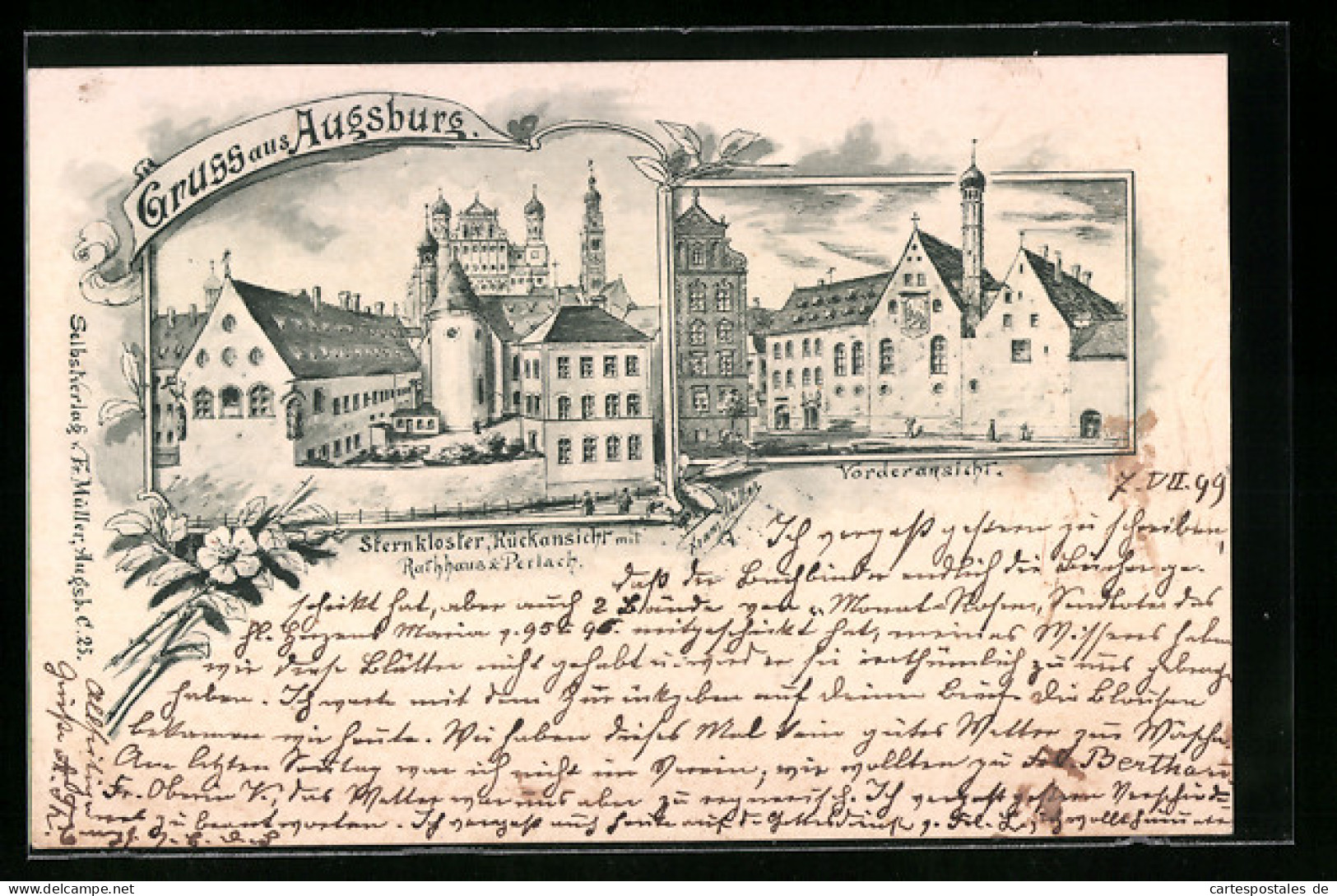 Lithographie Augsburg, Sternkloster Rückansicht Mit Rathaus & Perlach, Vorderansicht  - Augsburg