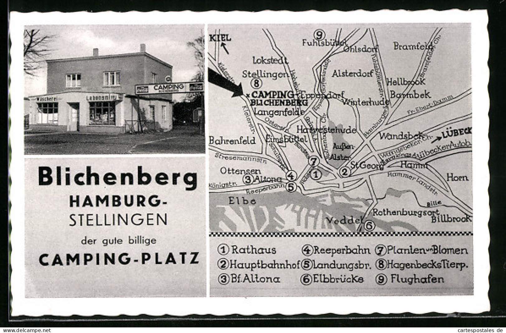 AK Hamburg-Stellingen, Camping-Platz Blichenberg Mit Lebensmittelgeschäft, Landkarte Mit Lokstedt, Hamm Und Barmbek  - Stellingen