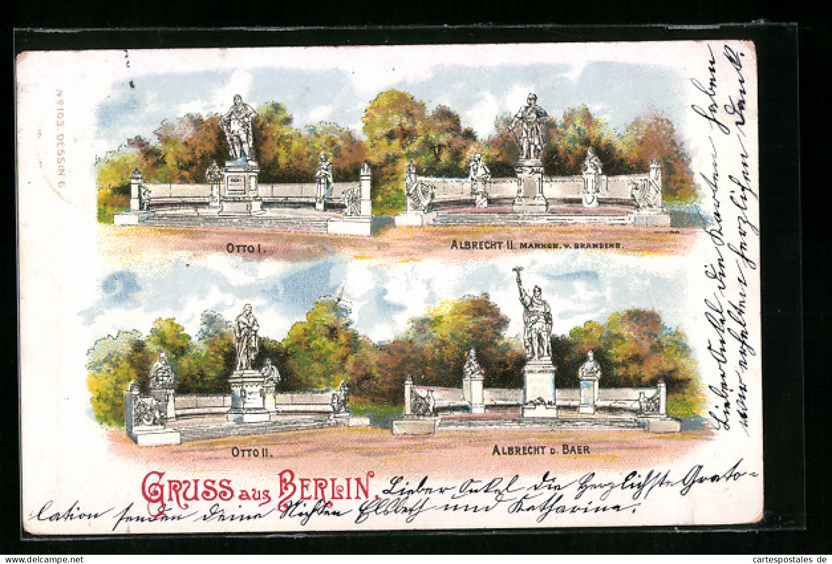 Lithographie Berlin, Statuen Otto I., Otto II., Albrecht Der Bär Im Grossen Tiergarten  - Tiergarten