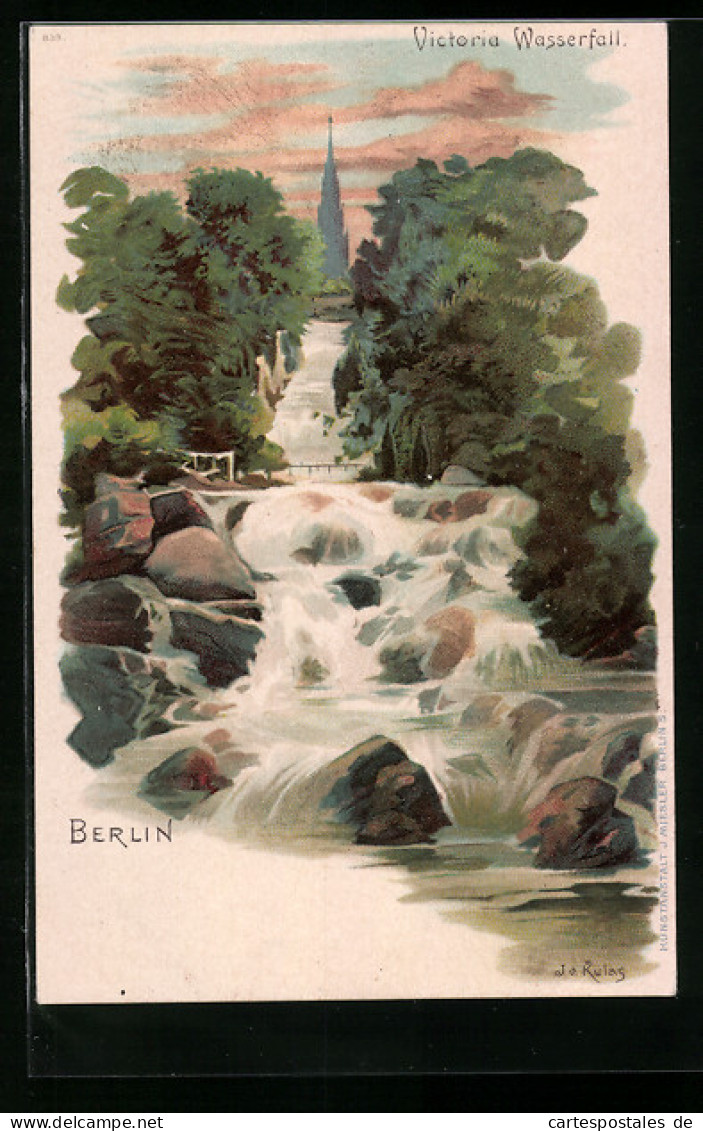 Lithographie Berlin-Kreuzberg, Victoria Wasserfall Im Victoria Park  - Kreuzberg