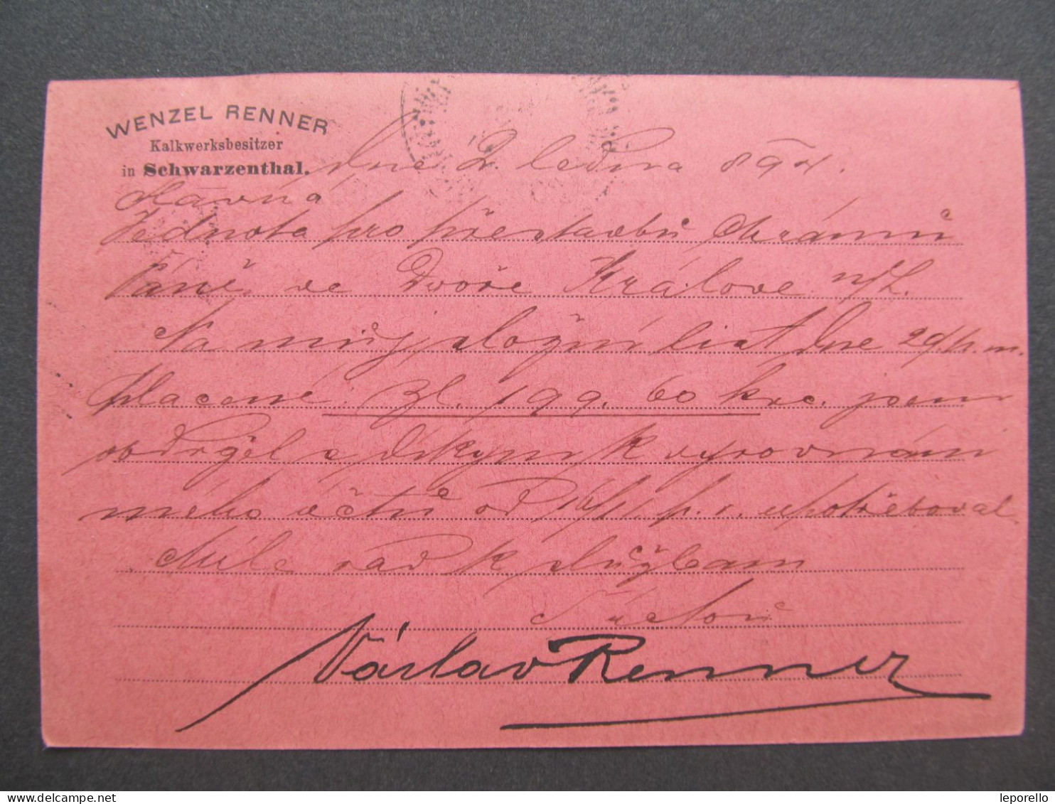 KARTE Černý Důl Schwarzenthal Trutnov - Dvůr Králové W. Renner 1894  // P7158 - Cartas & Documentos