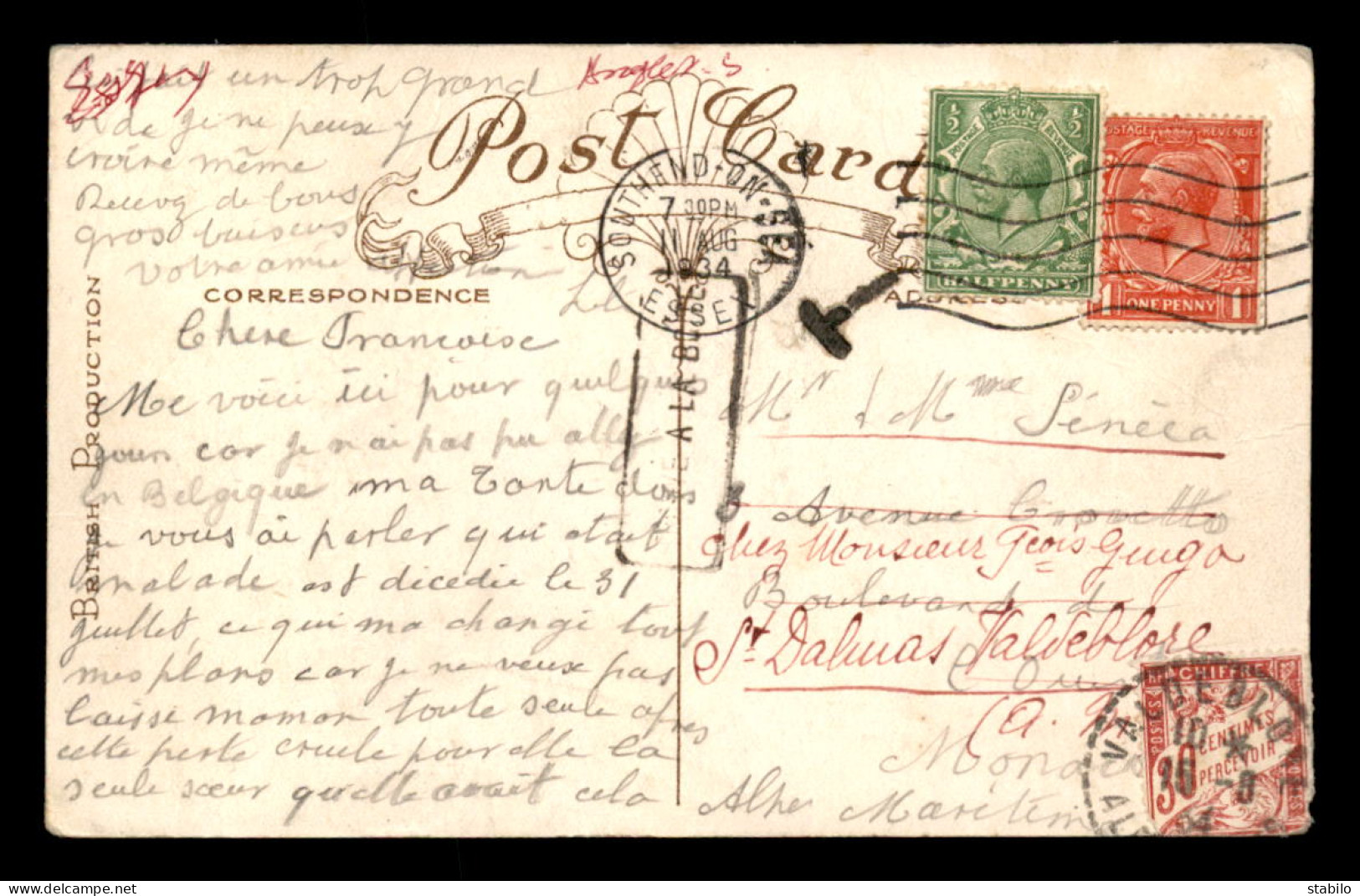 CARTE TAXEE - 1 TIMBRE A 50C N°37 ET 1 TIMBRE A 30C N°33 SUR CARTE ROYAUME-UNI ENVOYEE A MONACO PUIS DANS LE 06 - 1859-1959 Lettres & Documents