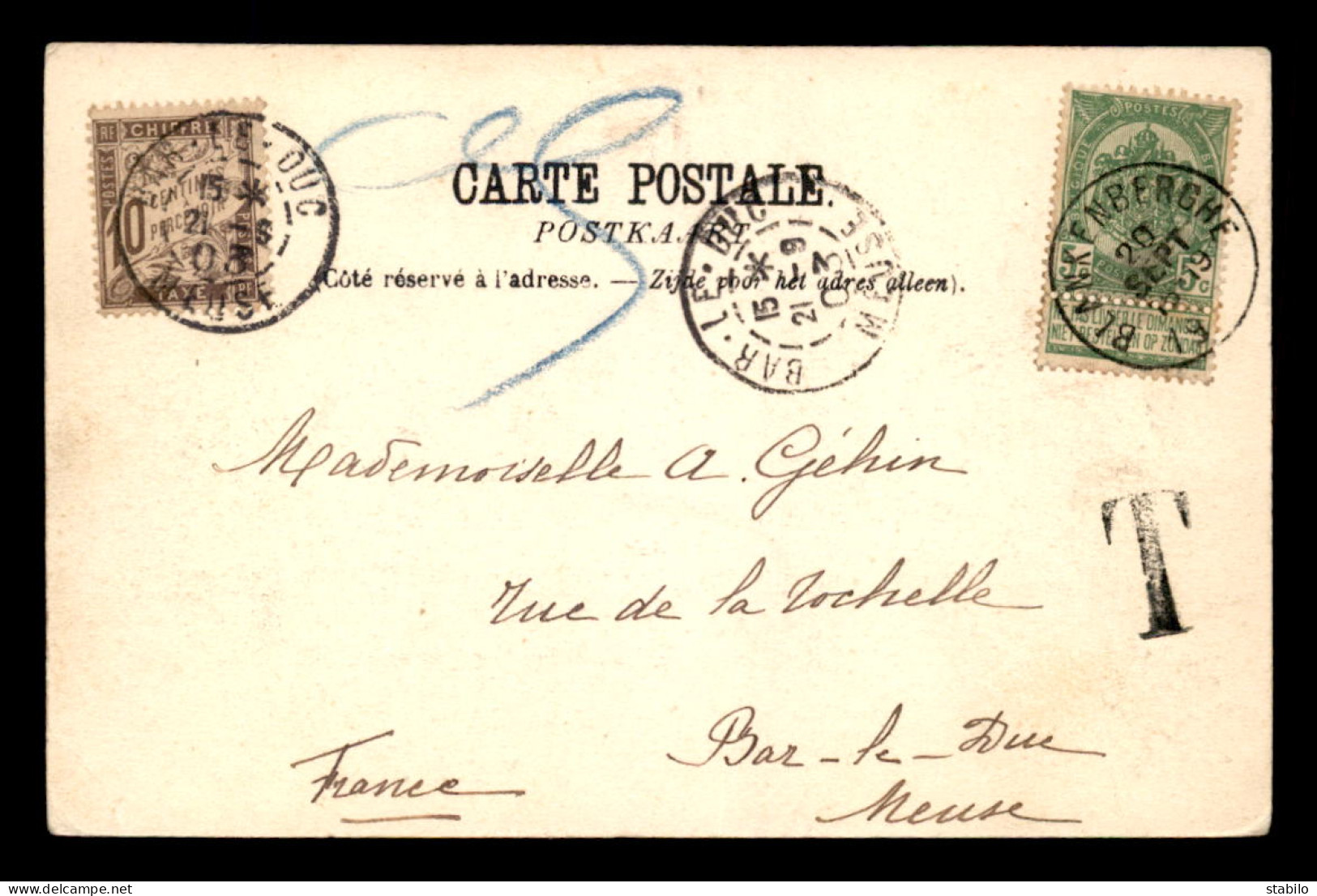 CARTE TAXEE - 1 TIMBRE A 10C N° 29 SUR CARTE DE BELGIQUE ENVOYEE A BAR-LE-DUC (MEUSE) - 1859-1959 Lettres & Documents