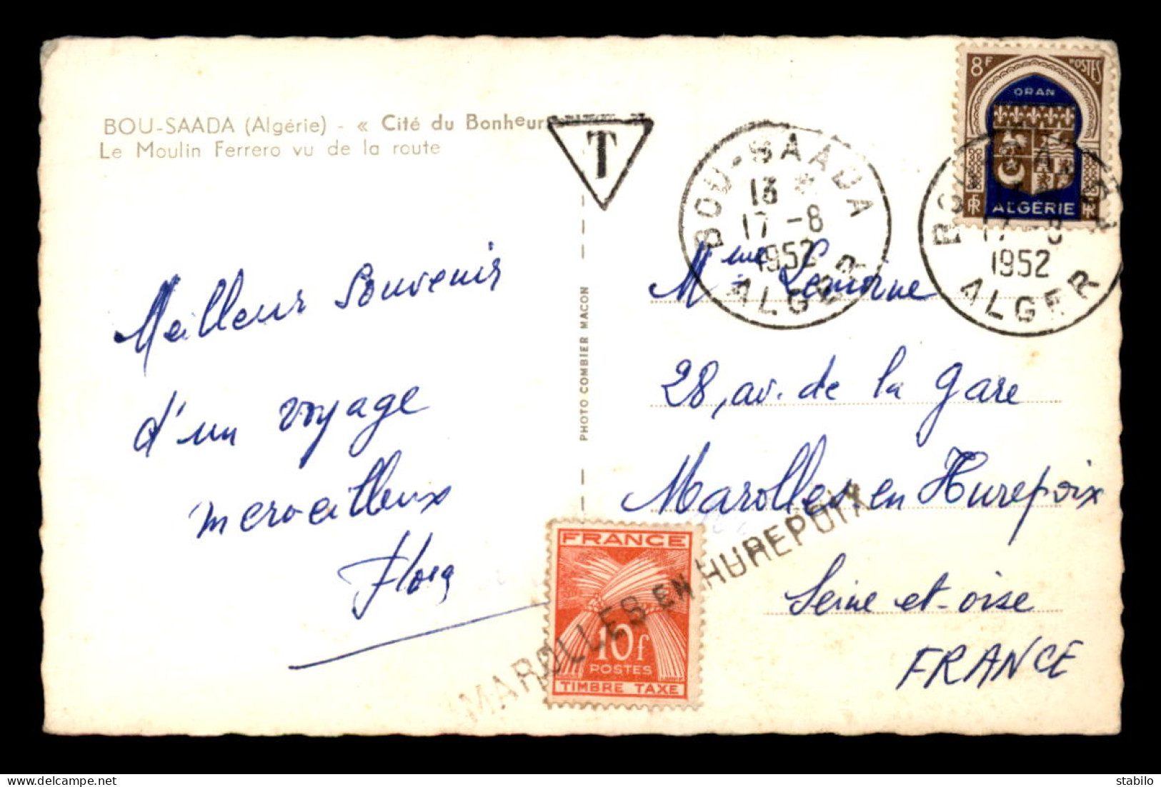 CARTE TAXEE - 1 TIMBRES A 10F N° 76 SUR CARTE D'ALGERIE TAXEE AVEC CACHET DE MAROLLES-EN-HUREPOIX - 1859-1959 Lettres & Documents