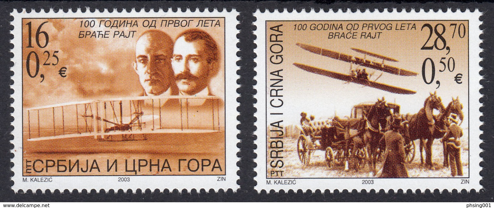 Yugoslavia 2003 Serbia & Montenegro 100th Anniv Of The First Wright Brothers Flight Airplanes Aircrafts Horses, Set MNH - Ongebruikt